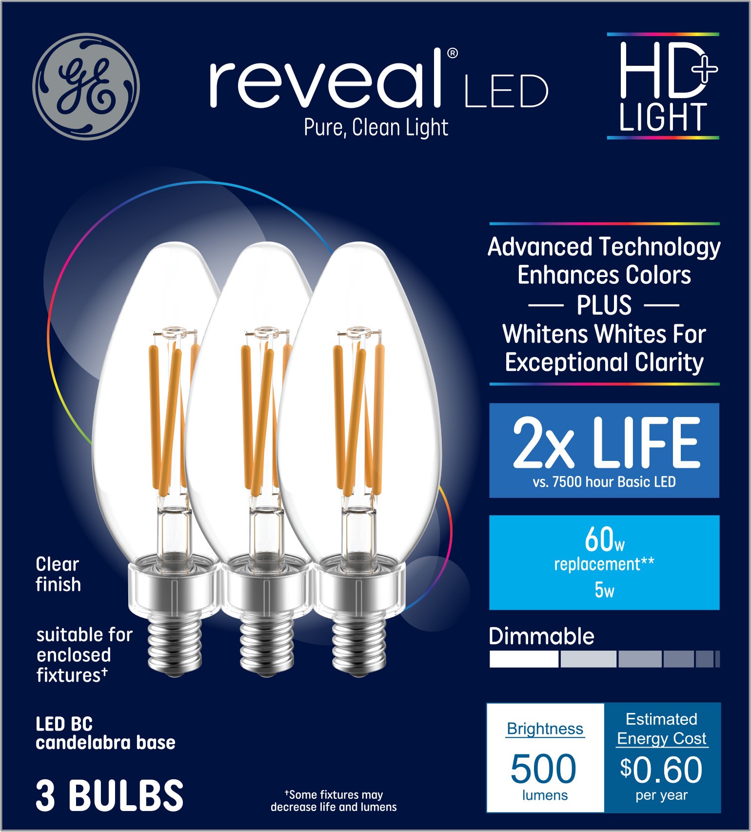 slide 1 of 6, GE Reveal HD 60 -Watt EQ B10 Color-enhancing Candelabra base (E-12) Dimmable LED Decorative Light Bulb 3 -Pack, 1 ct