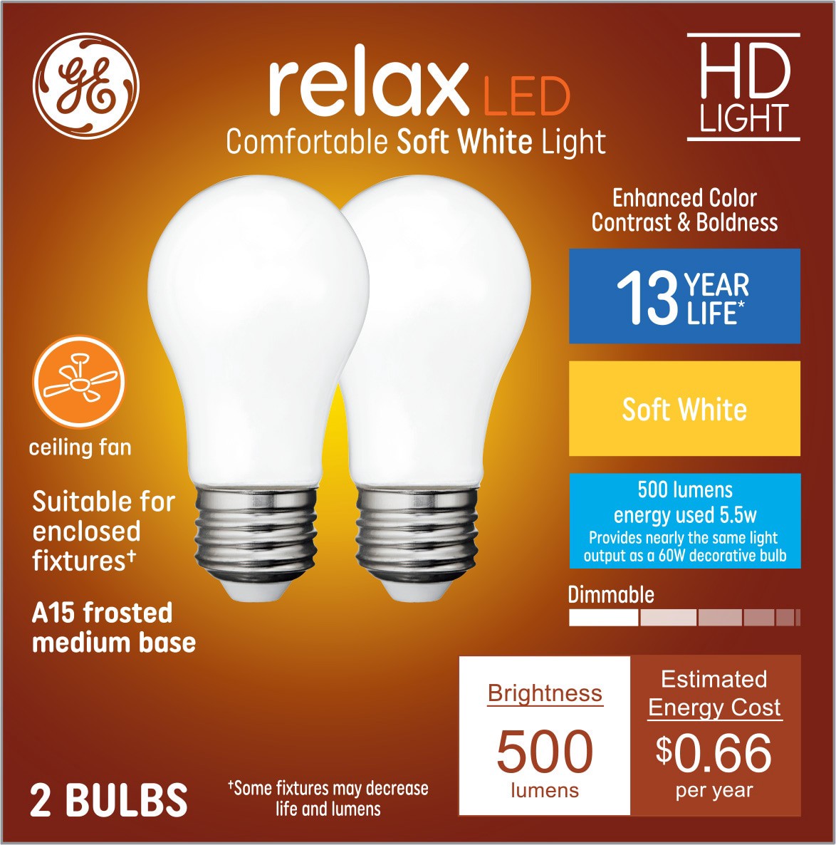 slide 1 of 6, GE Relax HD 60 -Watt EQ A15 Soft white Medium base (E-26) Dimmable LED General purpose Light Bulb 2 -Pack, 1 ct