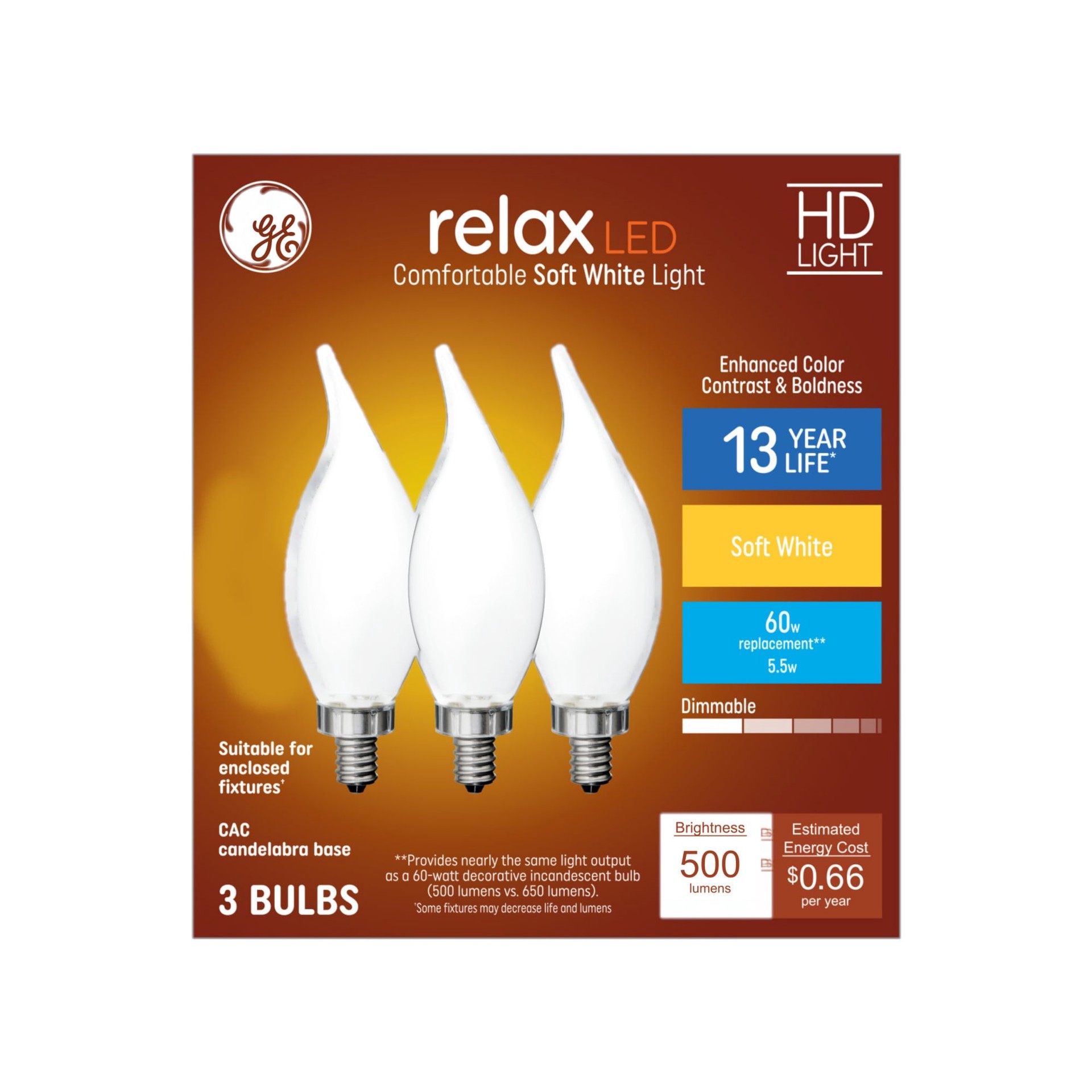 slide 4 of 6, GE Relax HD 60 -Watt EQ CAC Soft white Candelabra screw base E12 Dimmable LED Decorative Light Bulb 3 -Pack, 1 ct