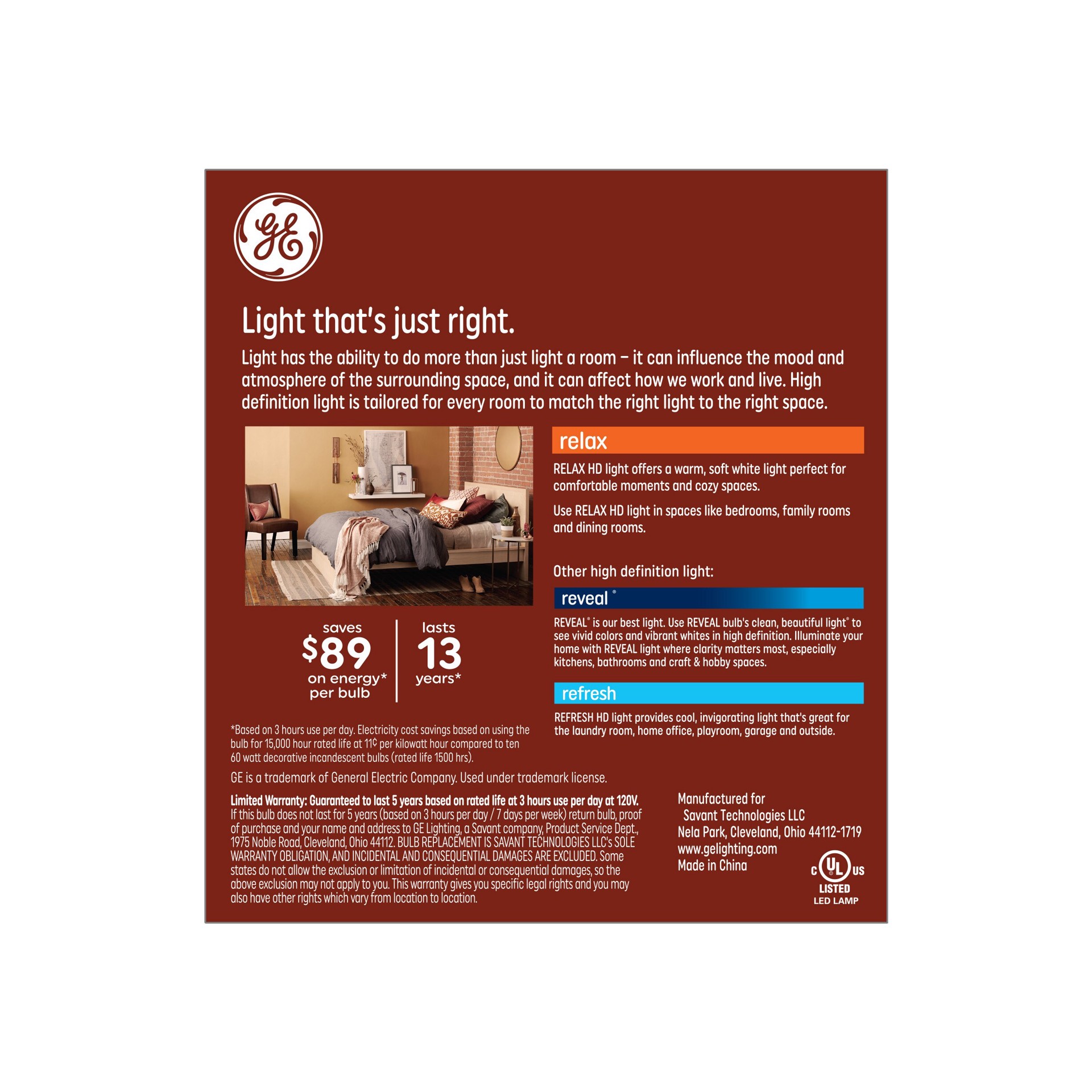 slide 5 of 6, GE Relax HD 60 -Watt EQ CAC Soft white Candelabra screw base E12 Dimmable LED Decorative Light Bulb 3 -Pack, 1 ct