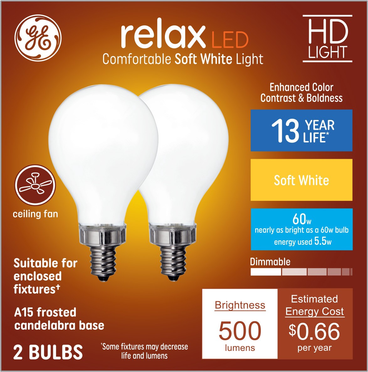 slide 1 of 4, GE Relax HD 60 -Watt EQ A15 Soft white Candelabra base (E-12) Dimmable LED General purpose Light Bulb 2 -Pack, 1 ct