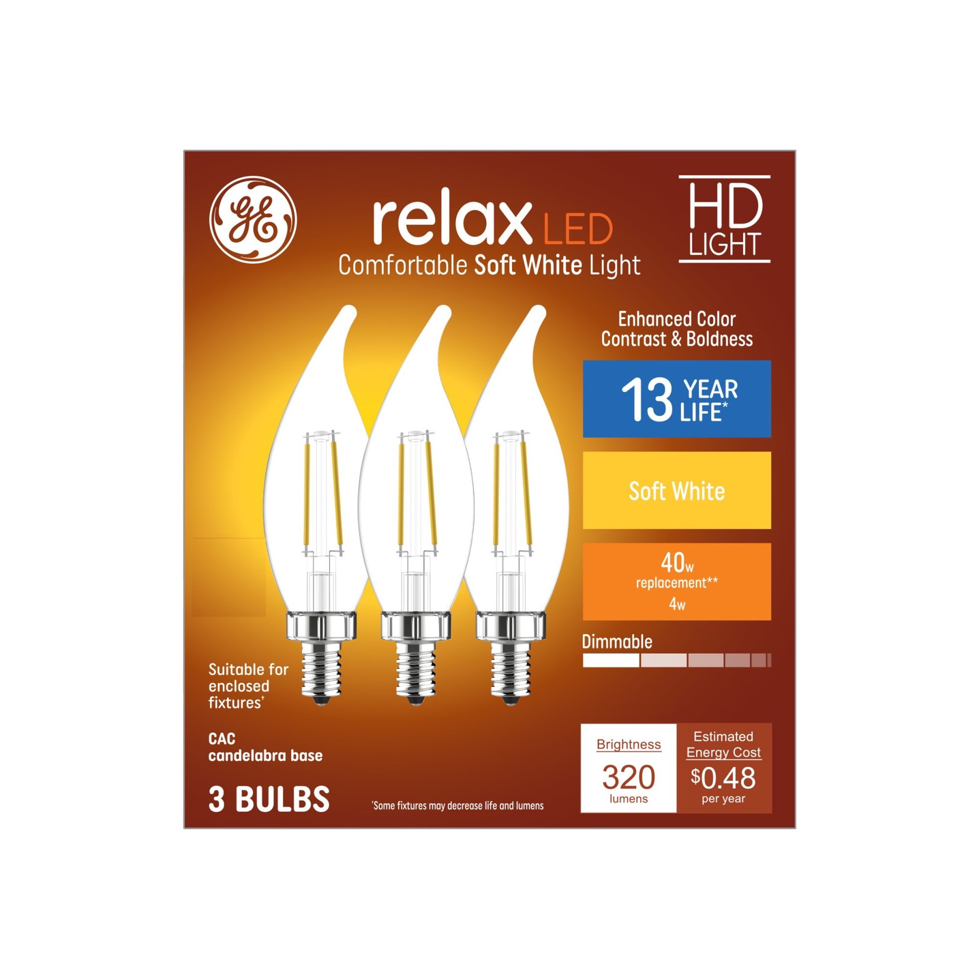 slide 4 of 6, GE Relax HD 40 -Watt EQ CA11 Soft white Candelabra base (E-12) Dimmable LED Decorative Light Bulb 3 -Pack, 1 ct