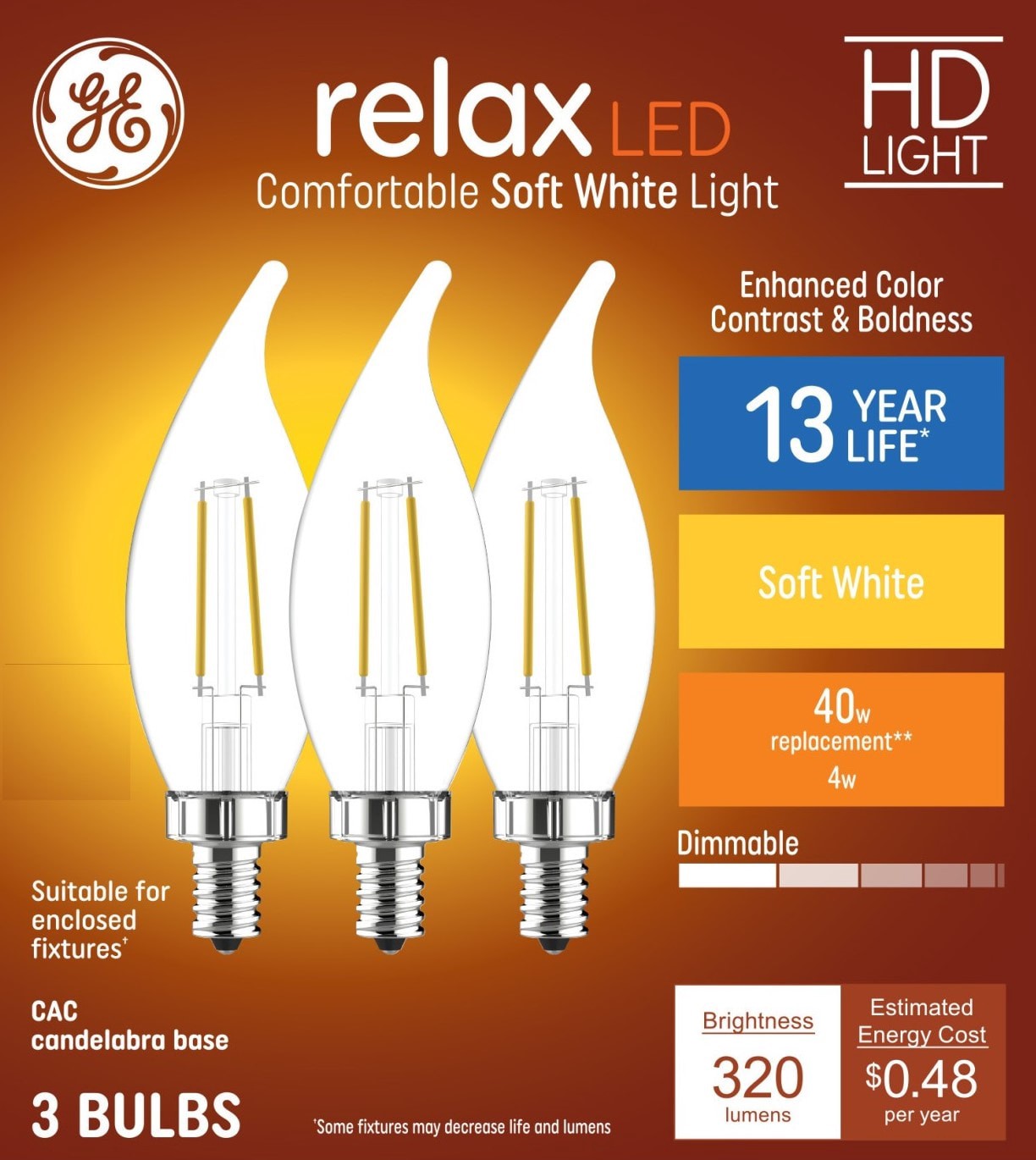slide 1 of 6, GE Relax HD 40 -Watt EQ CA11 Soft white Candelabra base (E-12) Dimmable LED Decorative Light Bulb 3 -Pack, 1 ct