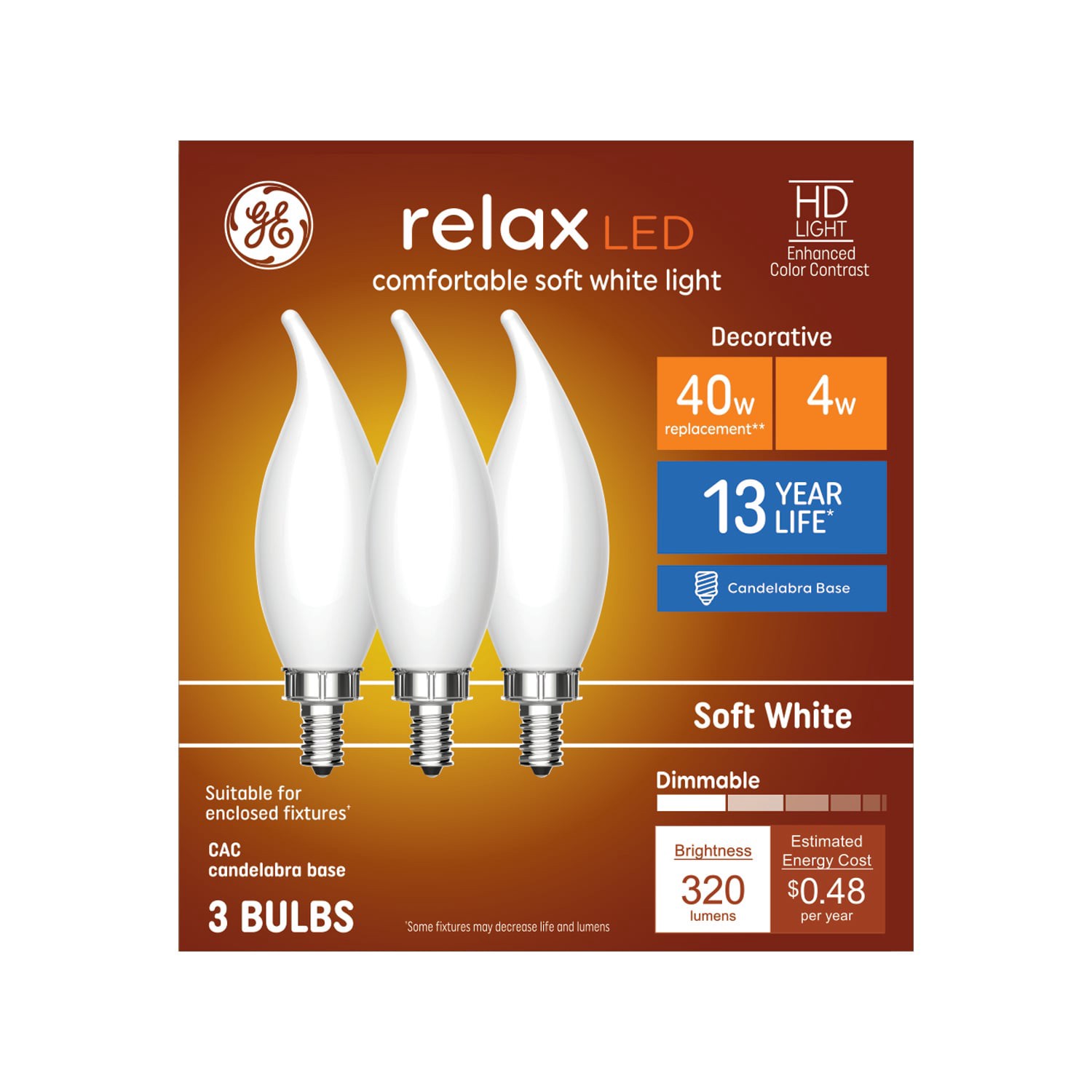 slide 4 of 6, GE Relax HD 40 -Watt EQ CA11 Soft white Candelabra base (E-12) Dimmable LED Decorative Light Bulb 3 -Pack, 1 ct
