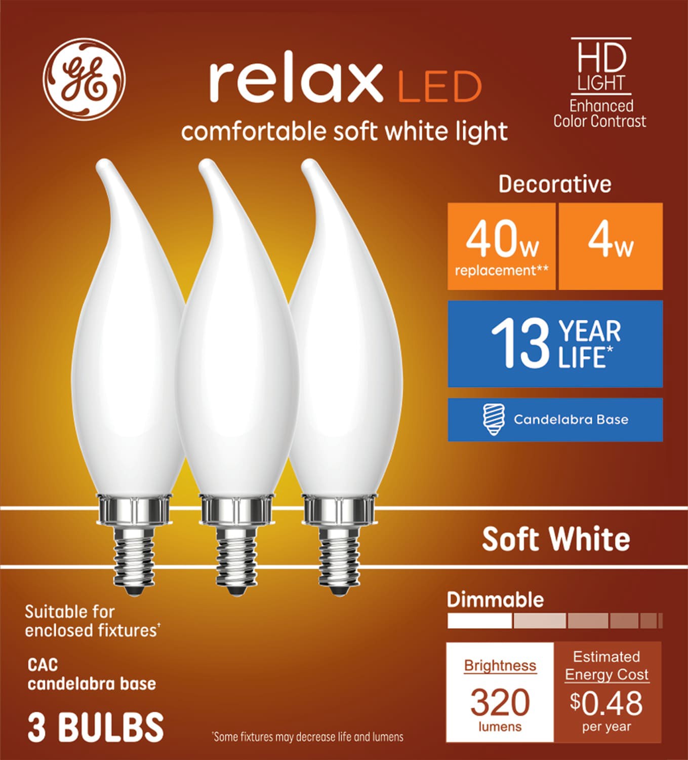 slide 1 of 6, GE Relax HD 40 -Watt EQ CA11 Soft white Candelabra base (E-12) Dimmable LED Decorative Light Bulb 3 -Pack, 1 ct