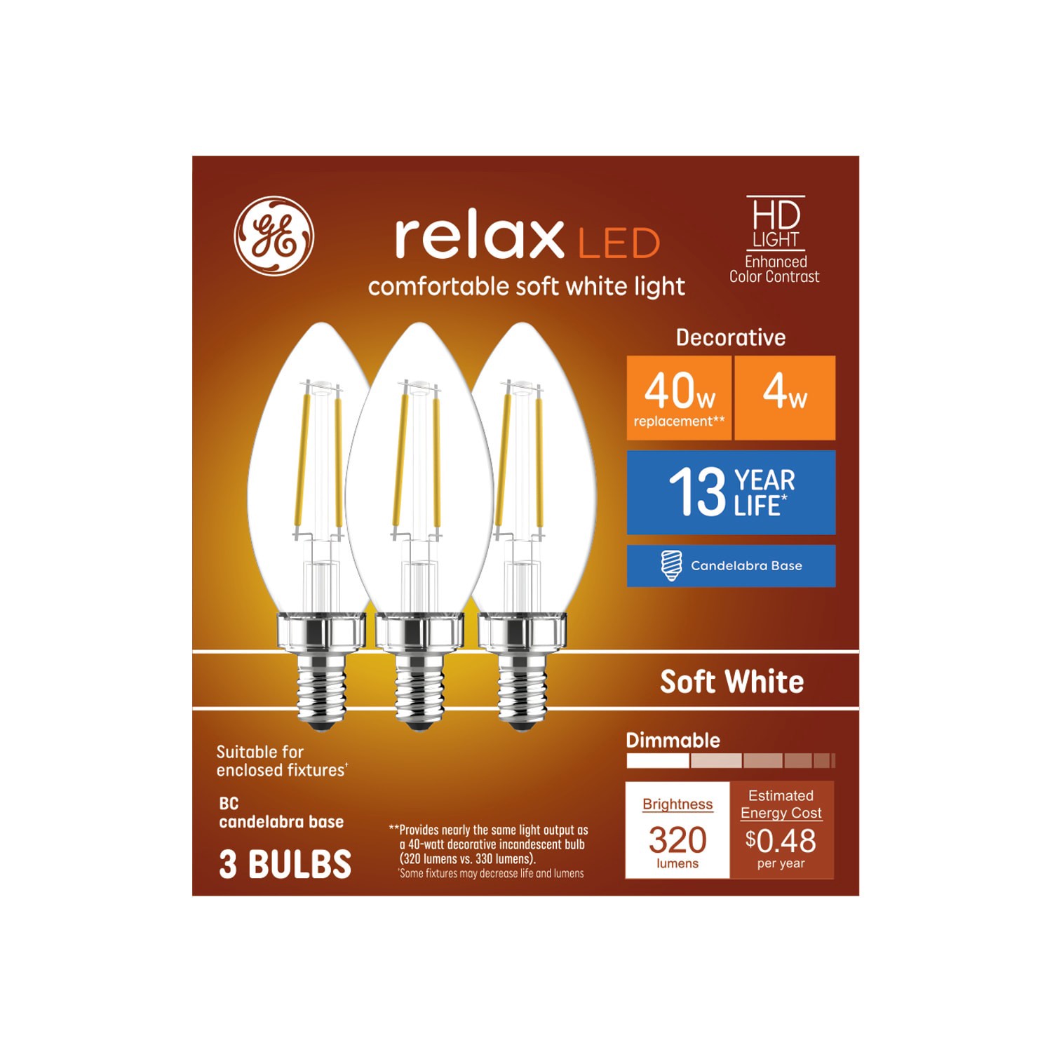 slide 4 of 6, GE Relax HD 40 -Watt EQ B11 Soft white Candelabra screw base E12 Dimmable LED Decorative Light Bulb 3 -Pack, 1 ct