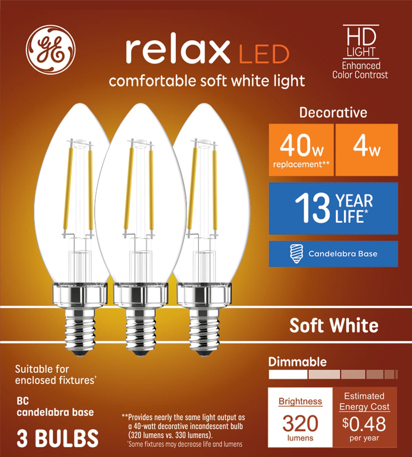slide 1 of 6, GE Relax HD 40 -Watt EQ B11 Soft white Candelabra screw base E12 Dimmable LED Decorative Light Bulb 3 -Pack, 1 ct
