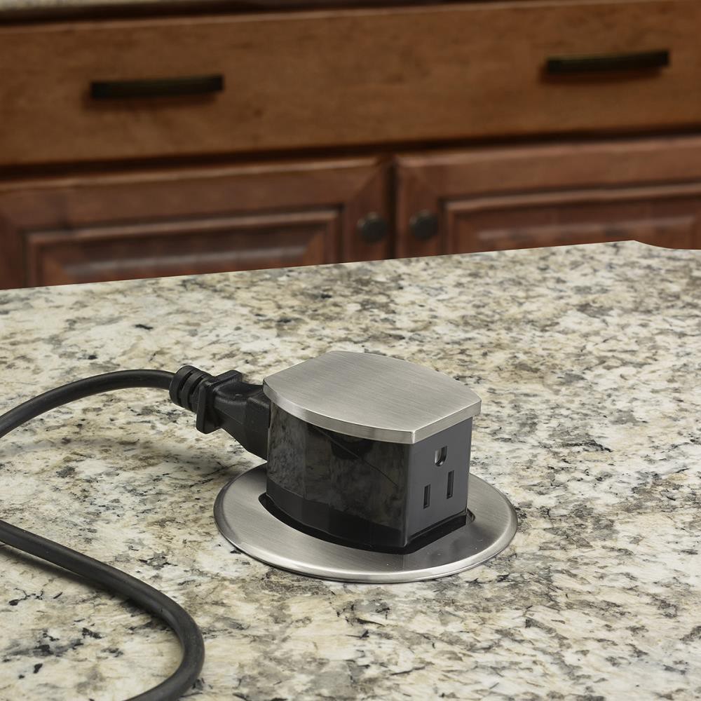 slide 6 of 6, Hubbell Bryant 15A Tri-Power Pop Up Counter Receptacle 15 -Amp 125-volt Tamper Resistant Recessed Pop-Out Residential/Commercial Duplex Outlet , Nickel, 1 ct