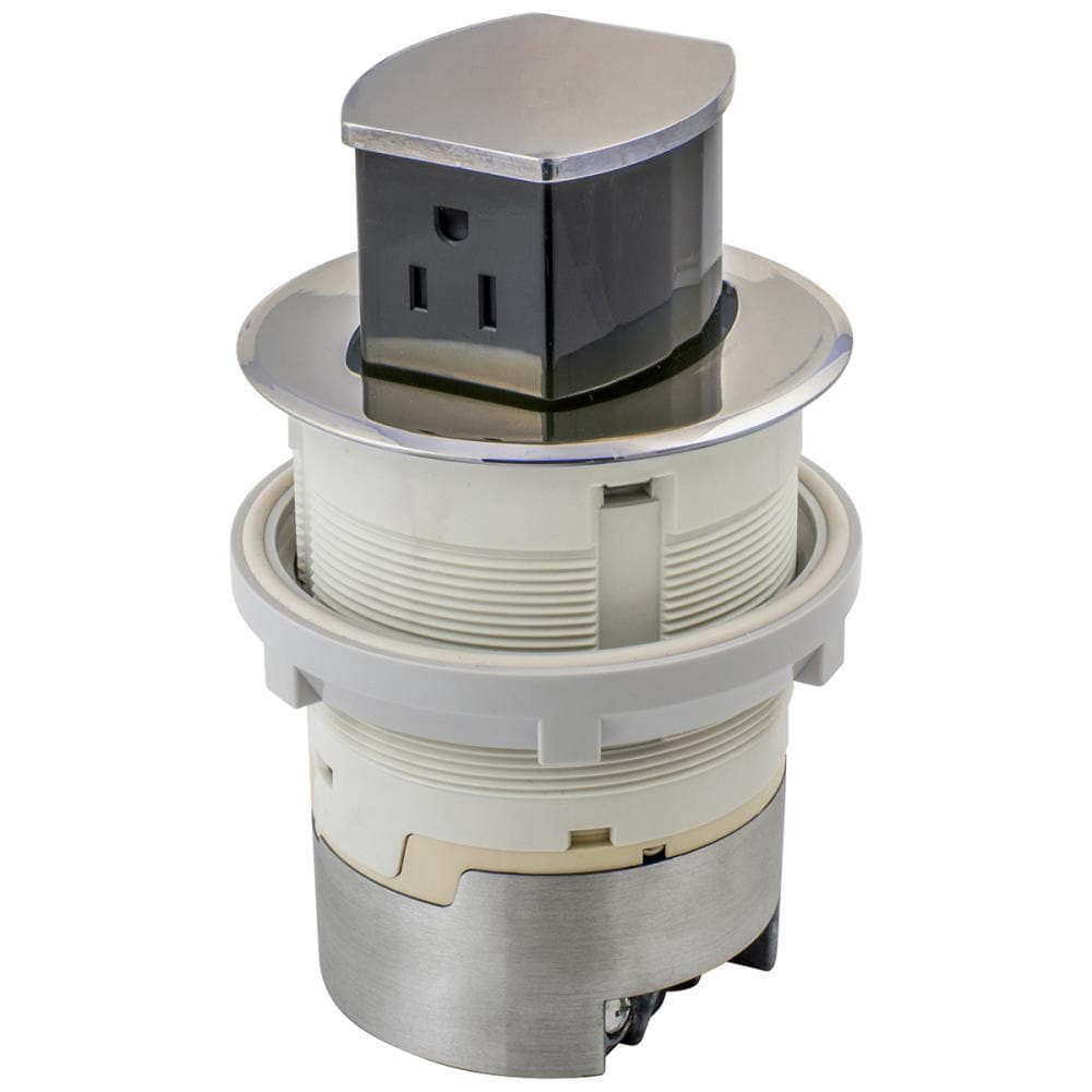 slide 1 of 6, Hubbell Bryant 15A Tri-Power Pop Up Counter Receptacle 15 -Amp 125-volt Tamper Resistant Recessed Pop-Out Residential/Commercial Duplex Outlet , Nickel, 1 ct