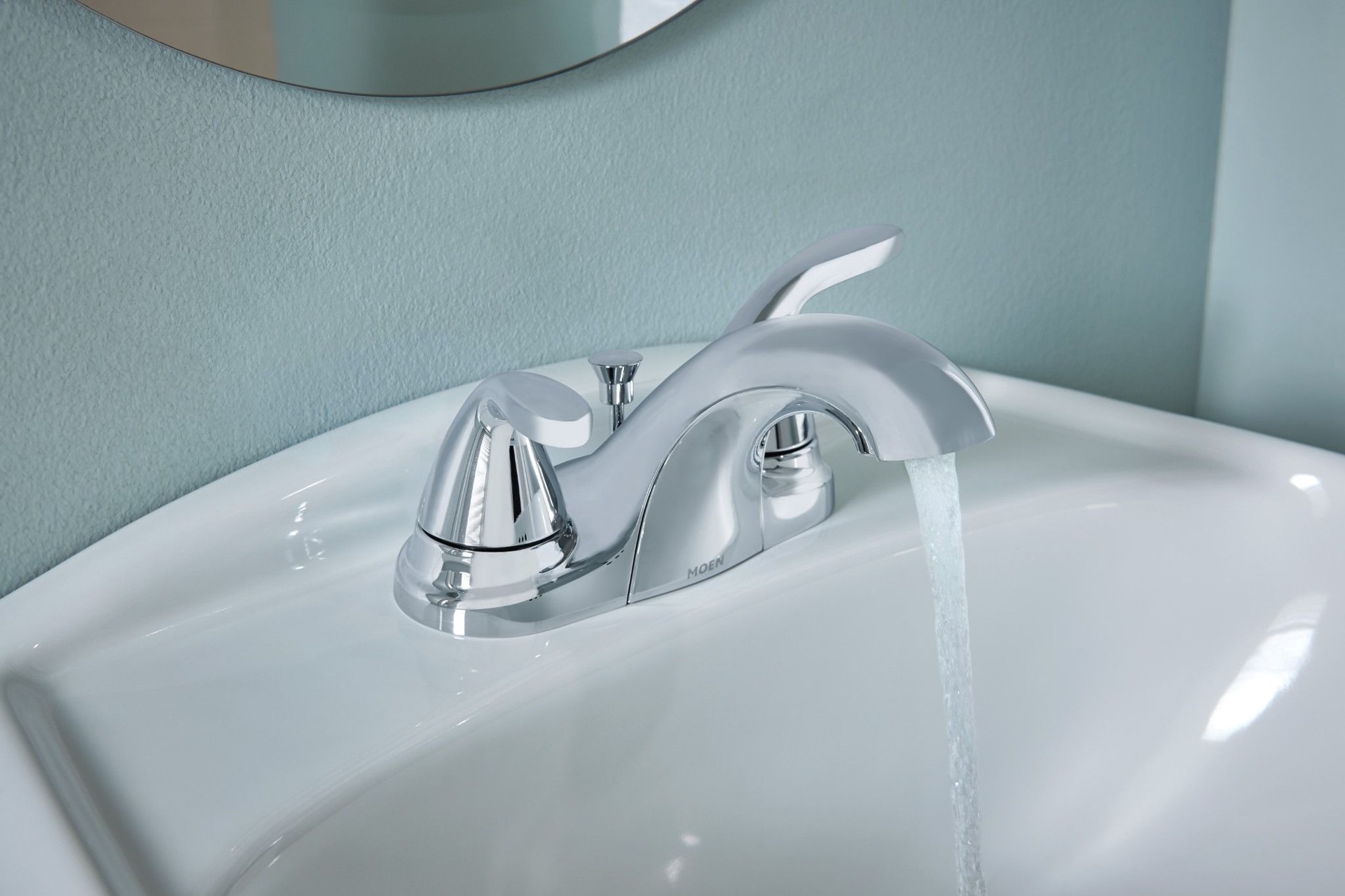 slide 4 of 6, Moen Adler Chrome 4-in centerset 2-handle WaterSense Low-arc Commercial/Residential Handle Bathroom Sink Faucet with Drain, 1 ct