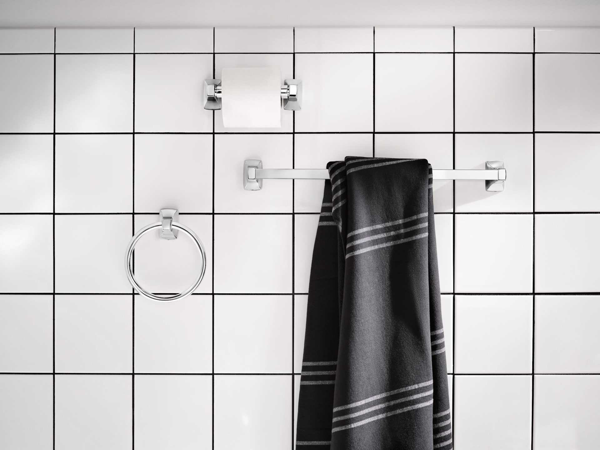 slide 2 of 6, Moen 3 -Piece Adler Chrome Decorative Bathroom Hardware Set Towel Bar, Toilet Paper Holder, Towel Ring Included, 1 ct