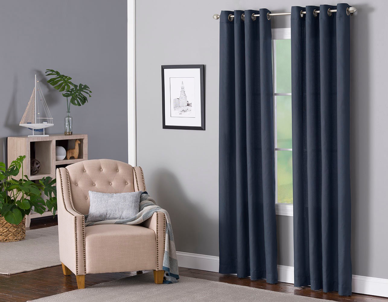 slide 2 of 4, LIVING LOGIC 84.0-in Navy Light filtering Grommet Single curtain panel, 1 ct