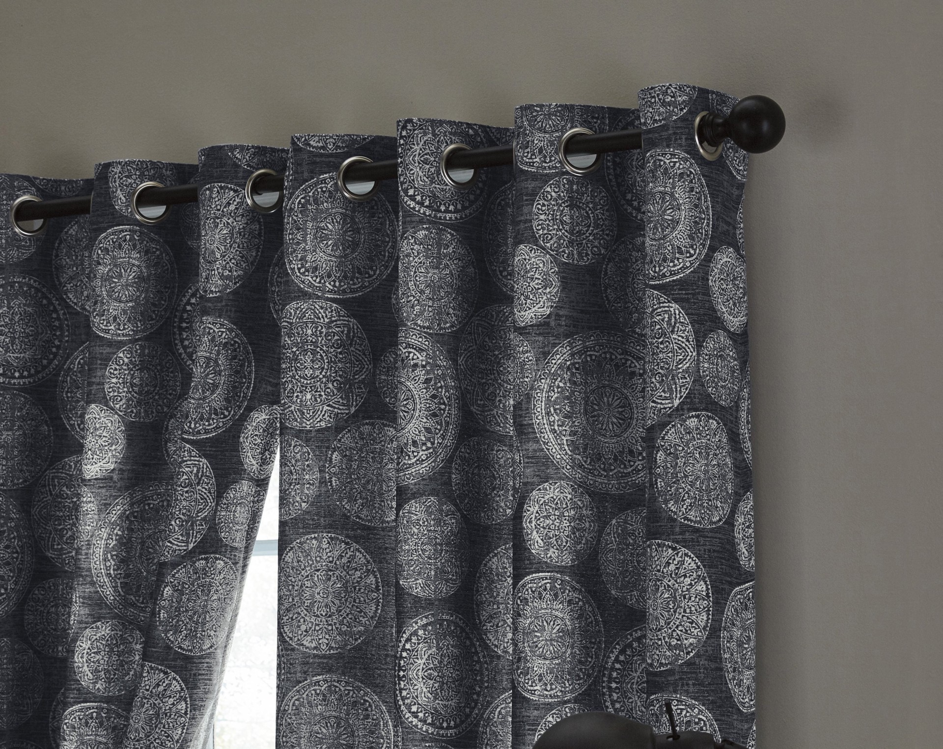 slide 2 of 6, allen + roth 84-in Indigo Geometric Room darkening Thermal lined Grommet Single curtain panel, 1 ct