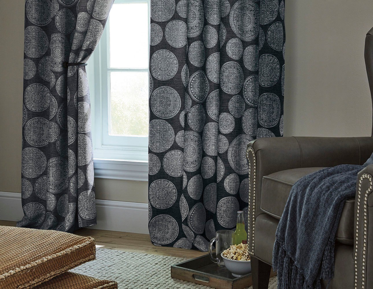 slide 4 of 6, allen + roth 84-in Indigo Geometric Room darkening Thermal lined Grommet Single curtain panel, 1 ct