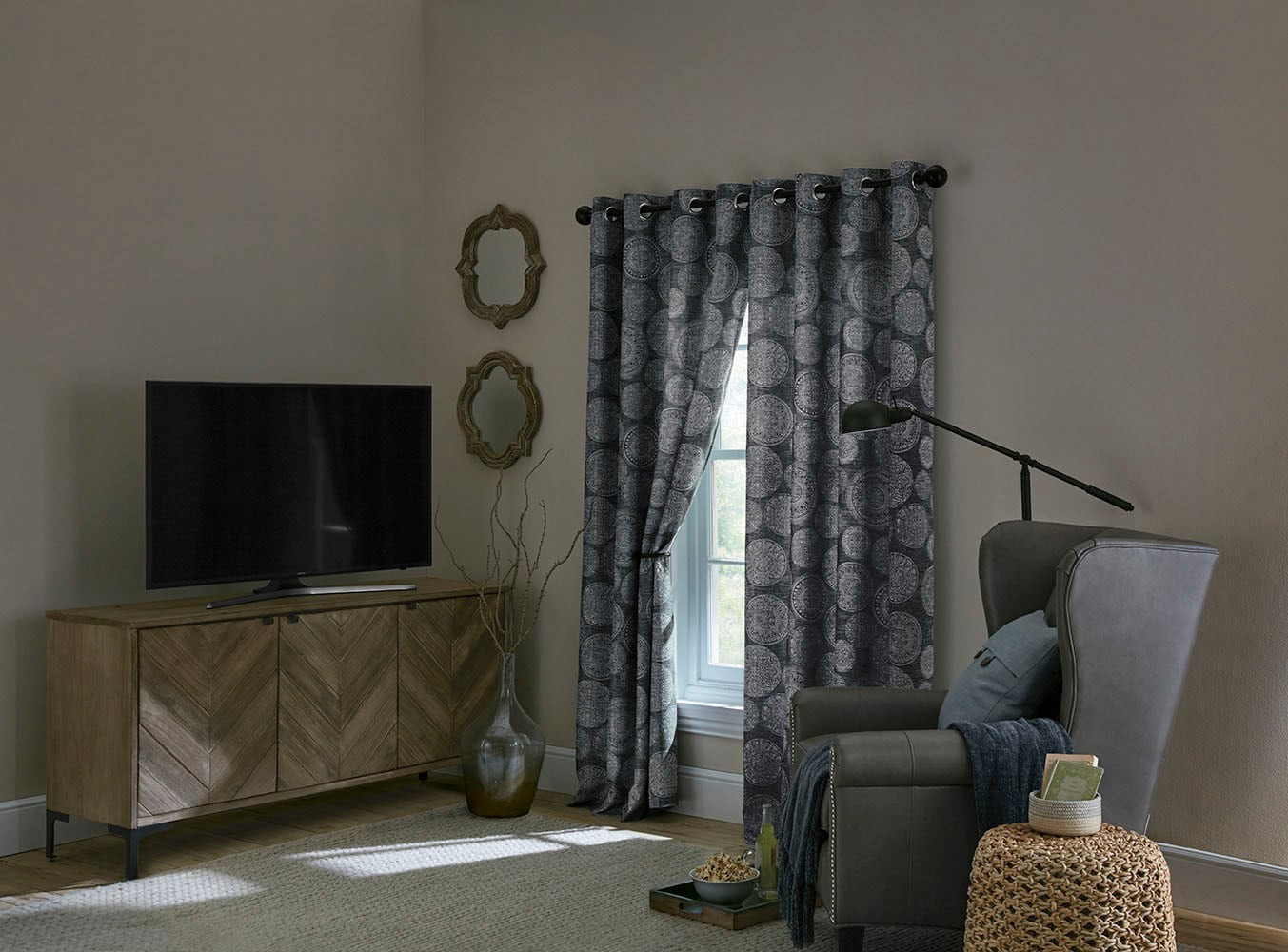 slide 1 of 6, allen + roth 84-in Indigo Geometric Room darkening Thermal lined Grommet Single curtain panel, 1 ct