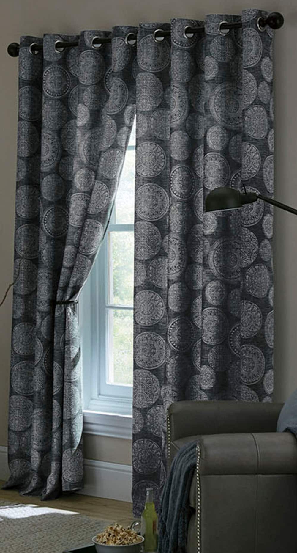 slide 6 of 6, allen + roth 84-in Indigo Geometric Room darkening Thermal lined Grommet Single curtain panel, 1 ct