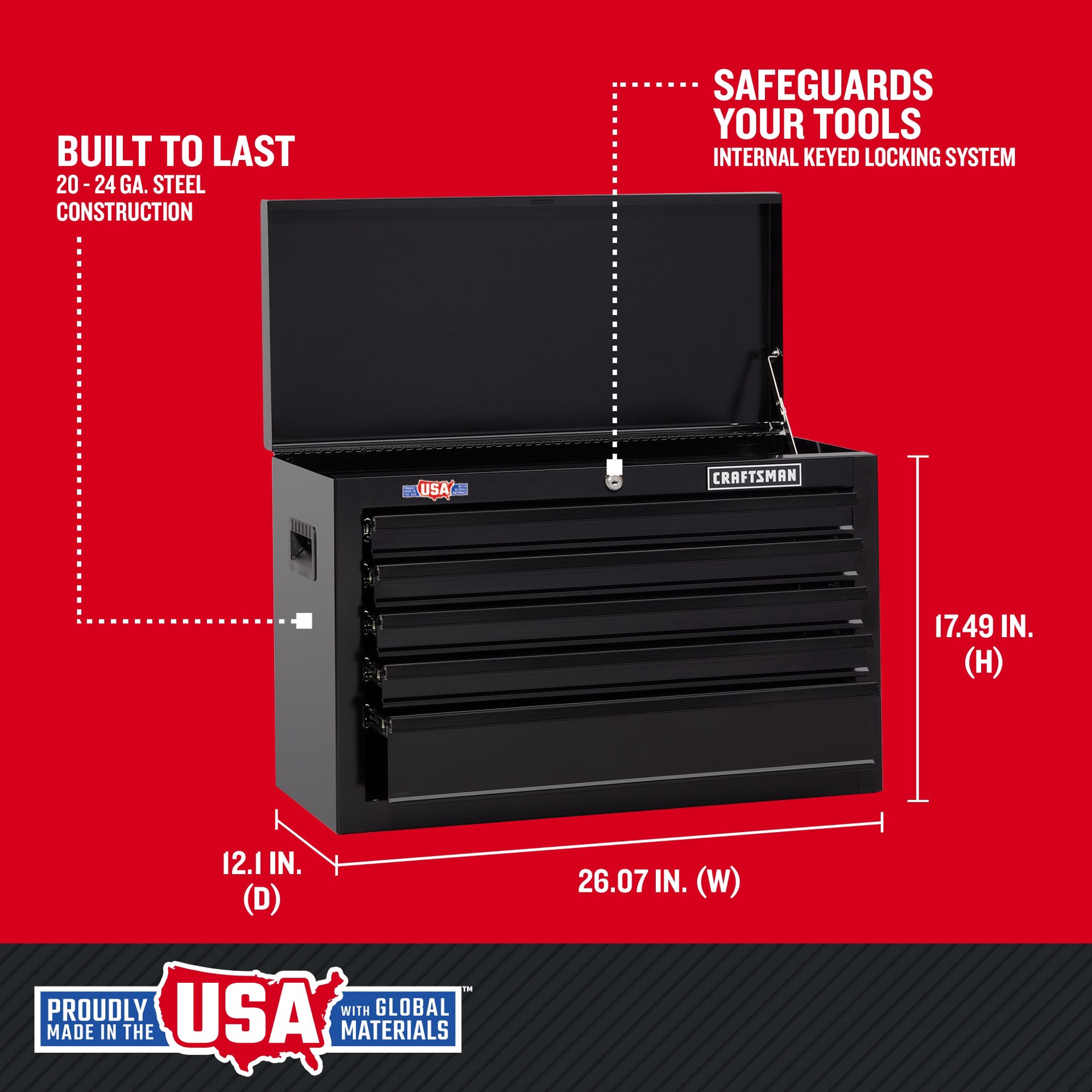 slide 6 of 6, CRAFTSMAN 1000 Series 26.07-in W x 17.49-in H x 12.1-in D 5 -Drawer Steel Tool Chest ( Black ), 1 ct