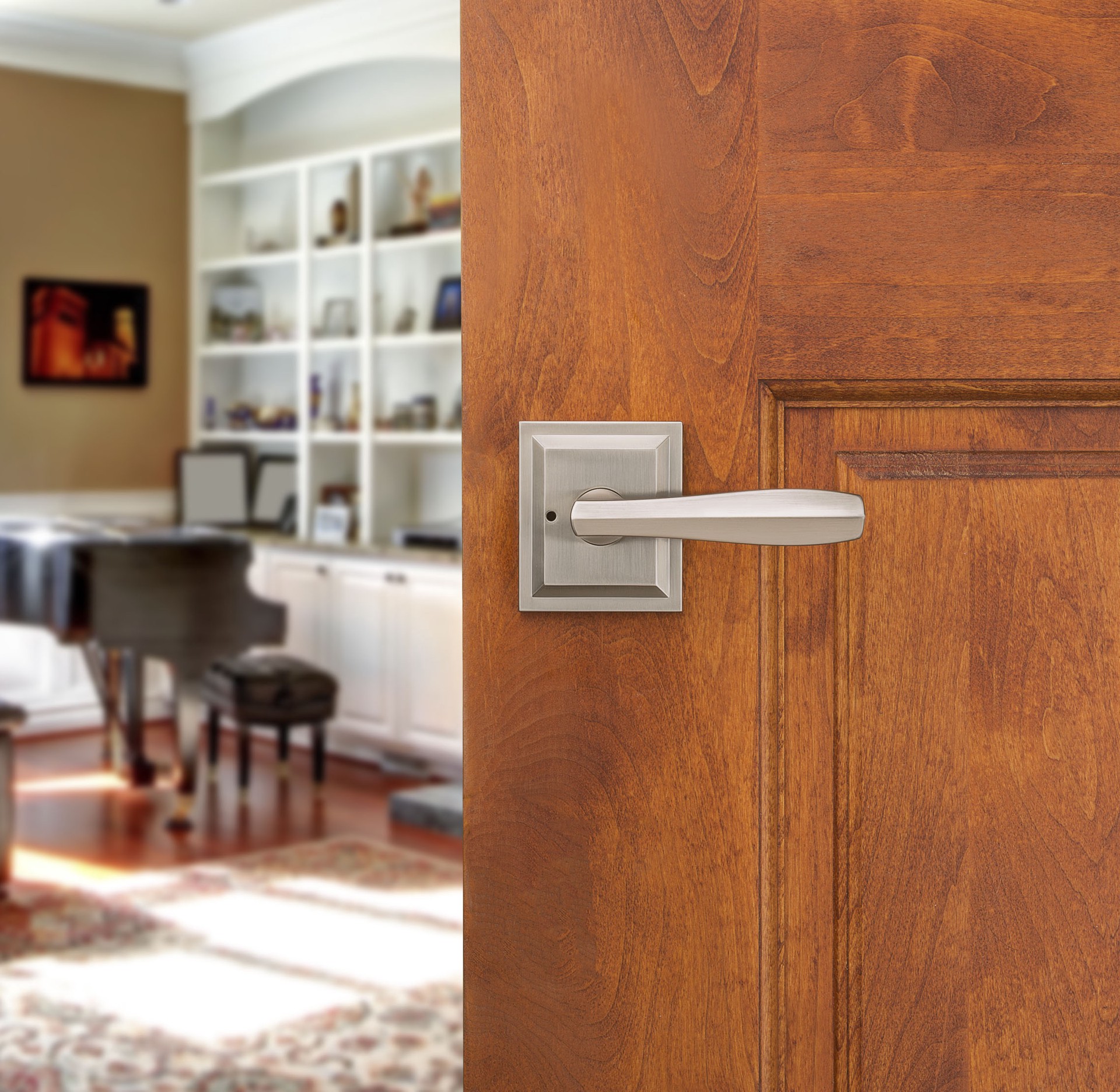 slide 3 of 6, Baldwin Prestige Torrey Satin Nickel Interior Bed/Bath Privacy Door Handle, 1 ct