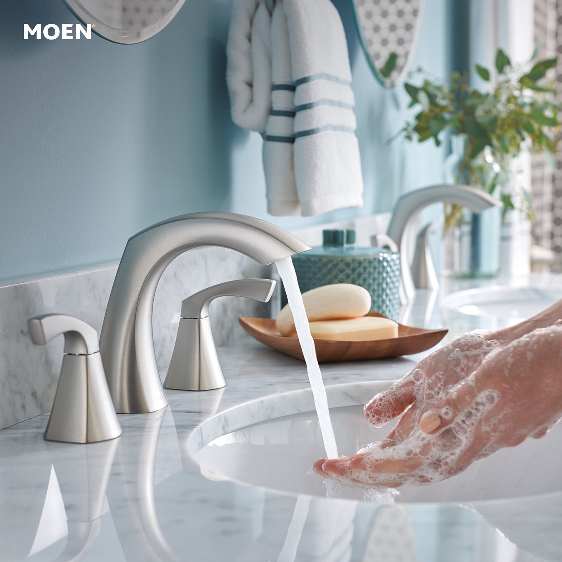 slide 5 of 6, Moen Lindor Spot Resist Brushed Nickel Widespread 2-handle WaterSense High-arc Commercial/Residential Handle Bathroom Sink Faucet with Drain, 1 ct