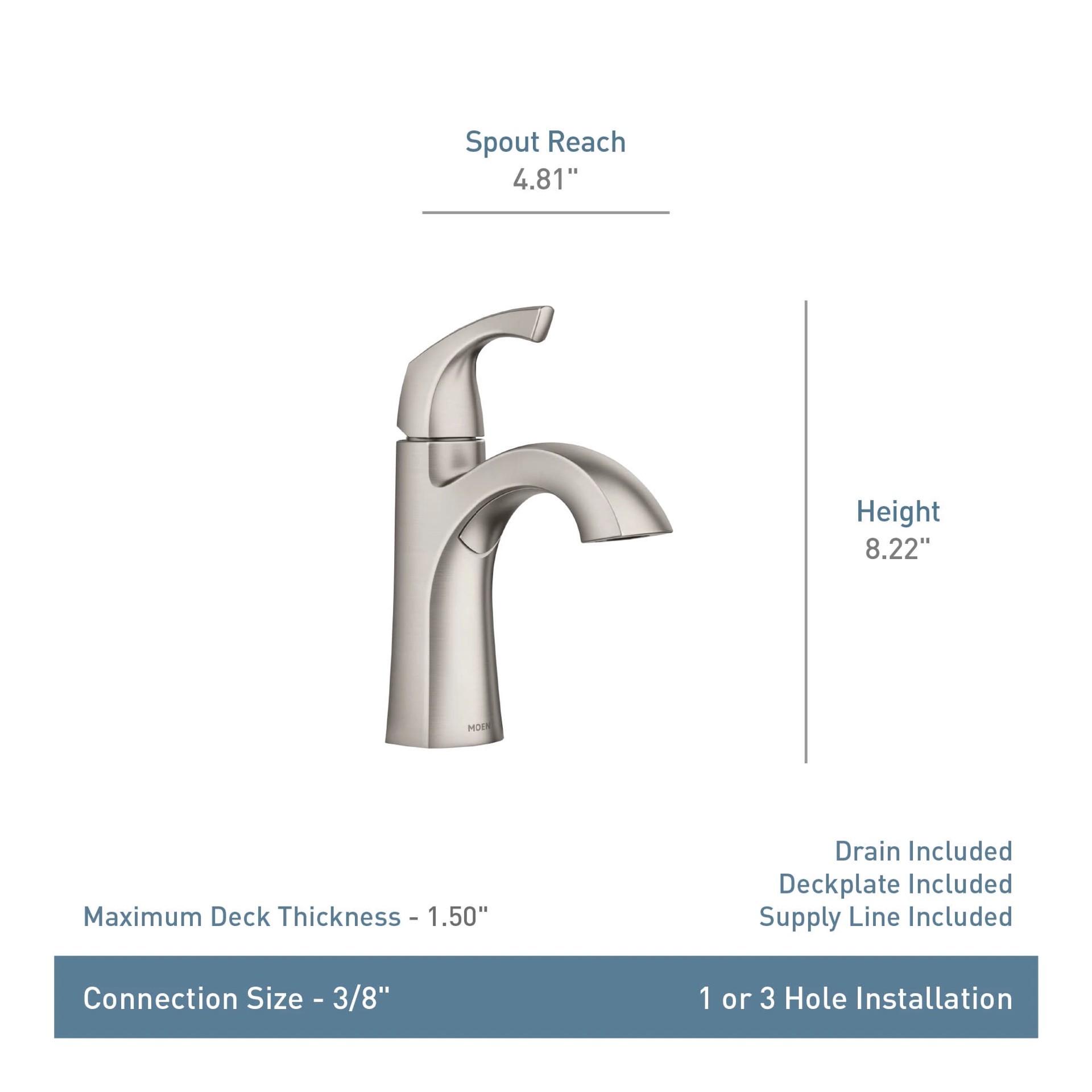 slide 4 of 6, Moen Lindor Spot Resist Brushed Nickel Single hole 1-handle WaterSense High-arc Residential Handle Bathroom Sink Faucet with Drain with Deck Plate, 1 ct