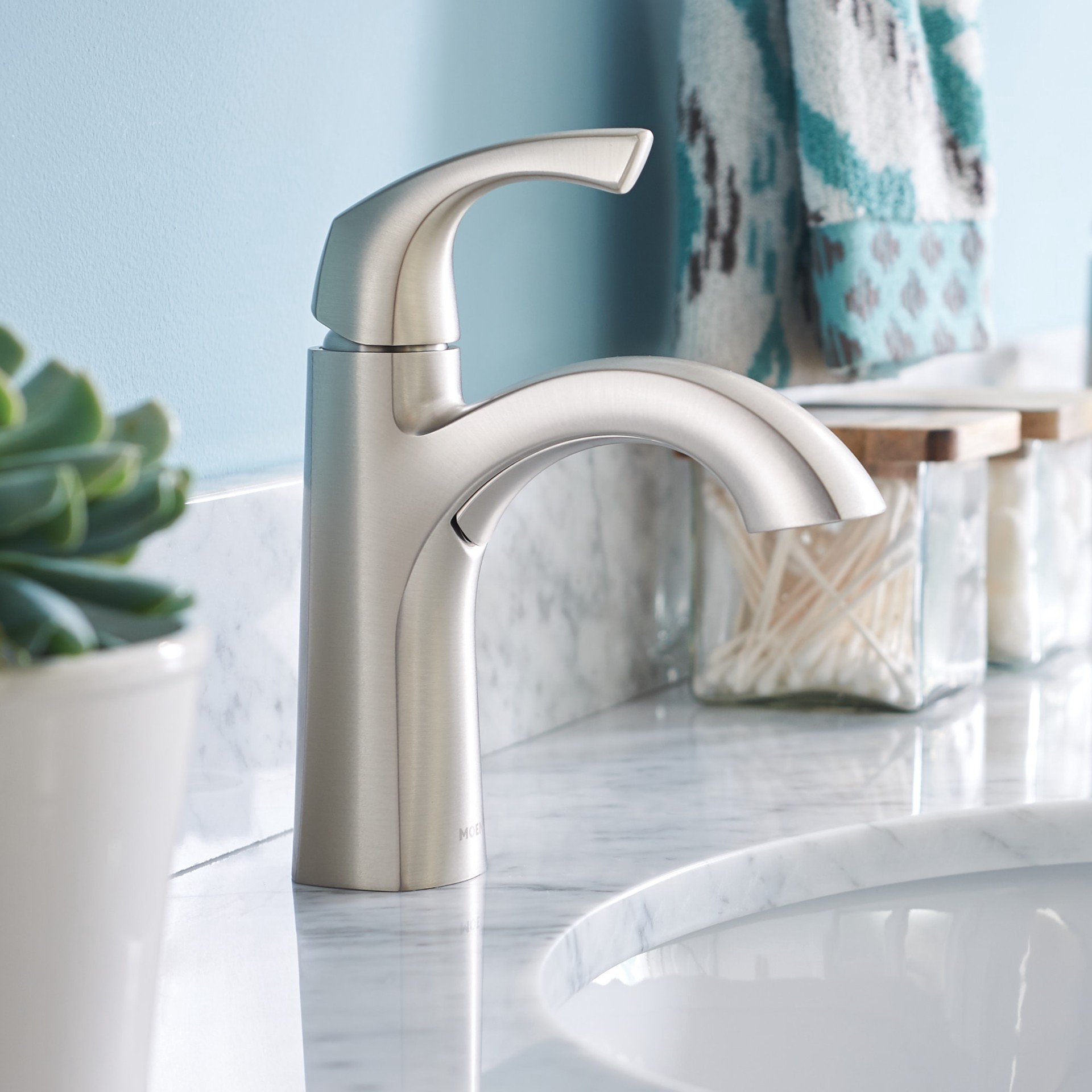 slide 1 of 6, Moen Lindor Spot Resist Brushed Nickel Single hole 1-handle WaterSense High-arc Residential Handle Bathroom Sink Faucet with Drain with Deck Plate, 1 ct