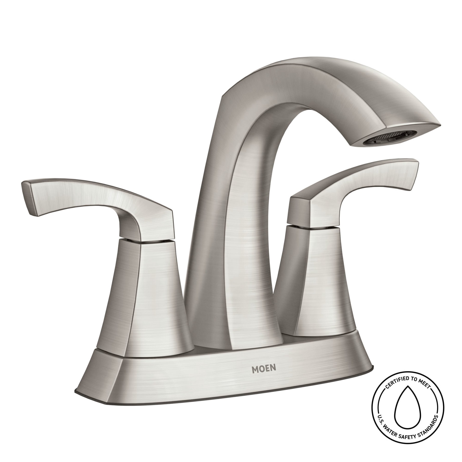 slide 2 of 6, Moen Lindor Spot Resist Brushed Nickel 4-in centerset 2-handle WaterSense High-arc Residential Handle Bathroom Sink Faucet with Drain, 1 ct