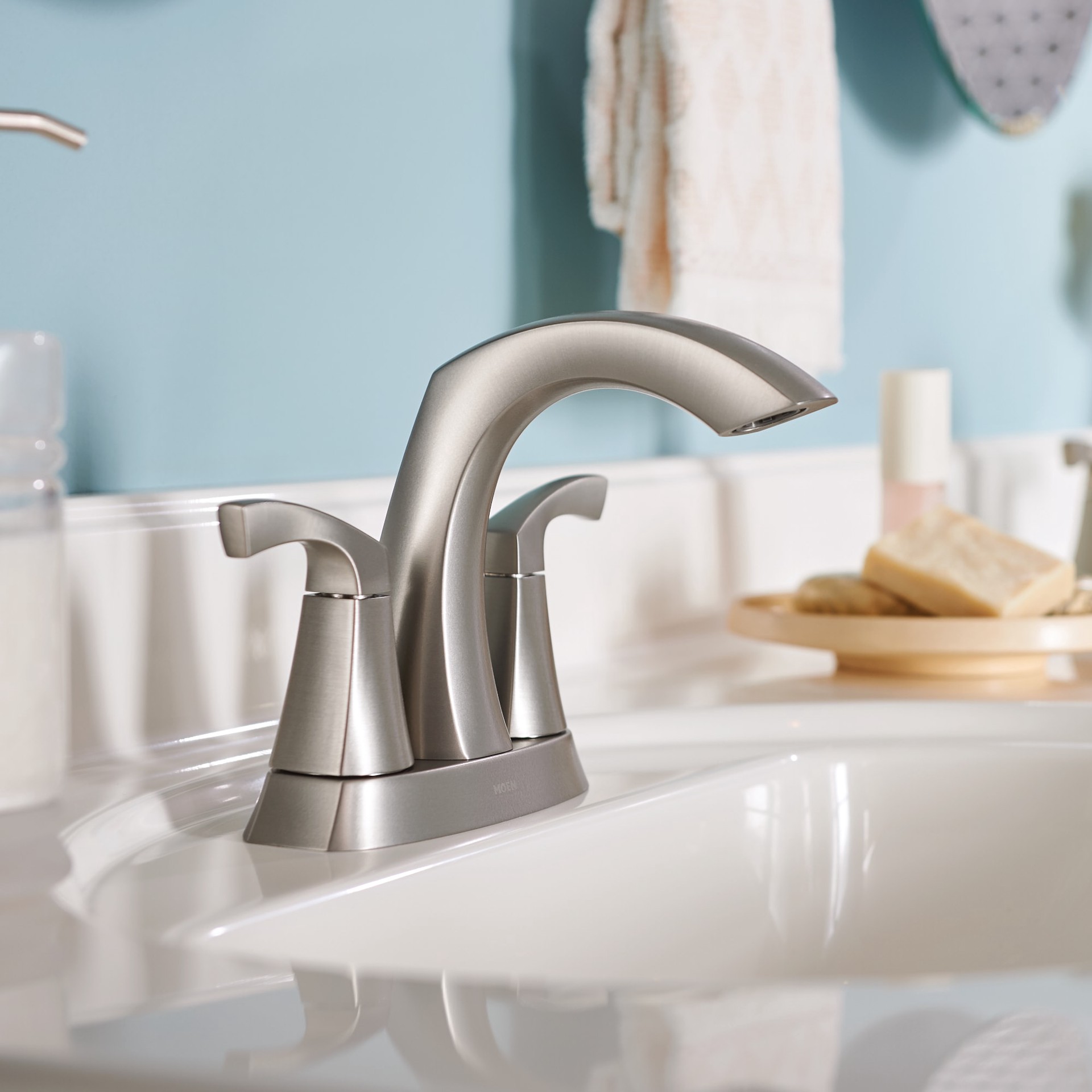 slide 1 of 6, Moen Lindor Spot Resist Brushed Nickel 4-in centerset 2-handle WaterSense High-arc Residential Handle Bathroom Sink Faucet with Drain, 1 ct