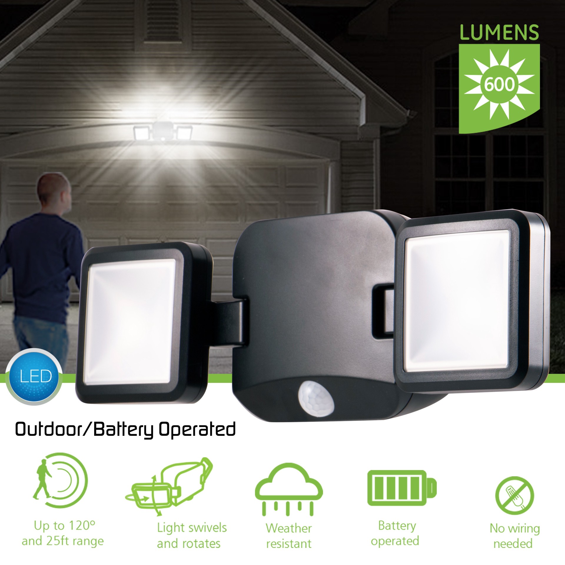 slide 4 of 6, Energizer 120 -Degree 40 -Wattage Equivalent Battery-operated LED Black 2 -Head Motion-Activated Flood Light 600 -Lumen, 1 ct
