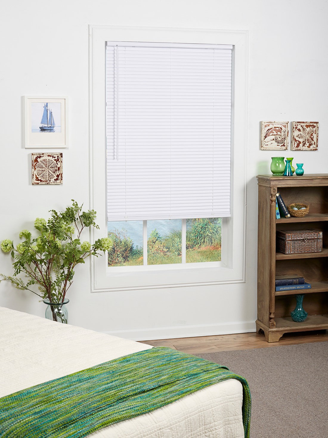 slide 4 of 6, Project Source 1-in Slat Width 47-in x 64-in Cordless White Vinyl Room Darkening Mini-blinds, 1 ct