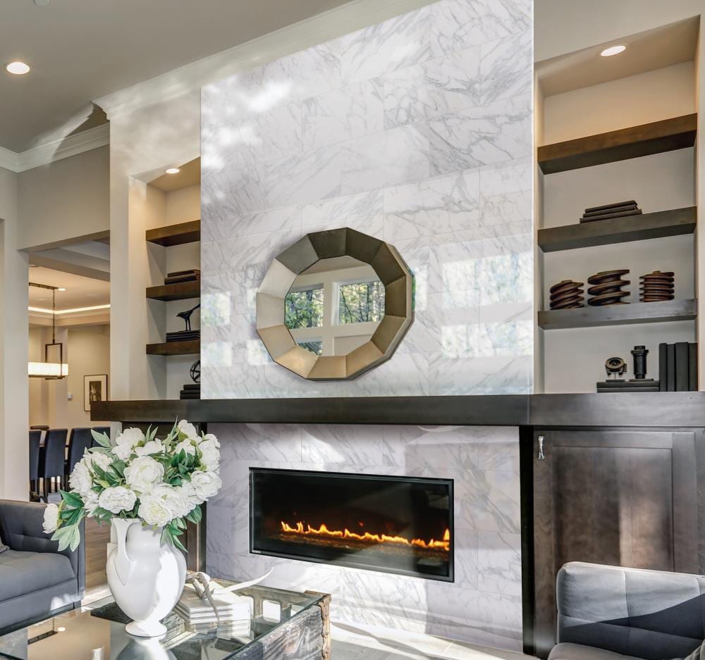 slide 4 of 6, allen + roth Arabescato Gold Polished 12-in x 24-in Polished Porcelain Floor and Wall Tile ( 1.92-sq ft Piece ), 1 ct