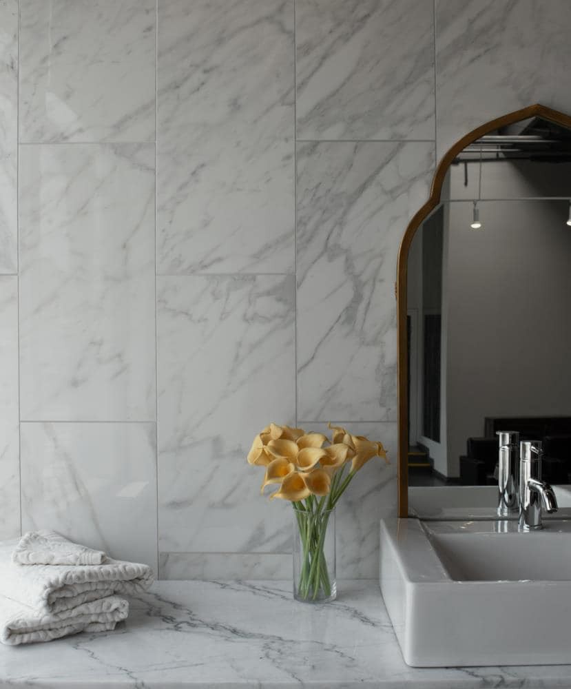 slide 5 of 6, allen + roth Arabescato Gold Polished 12-in x 24-in Polished Porcelain Floor and Wall Tile ( 1.92-sq ft Piece ), 1 ct