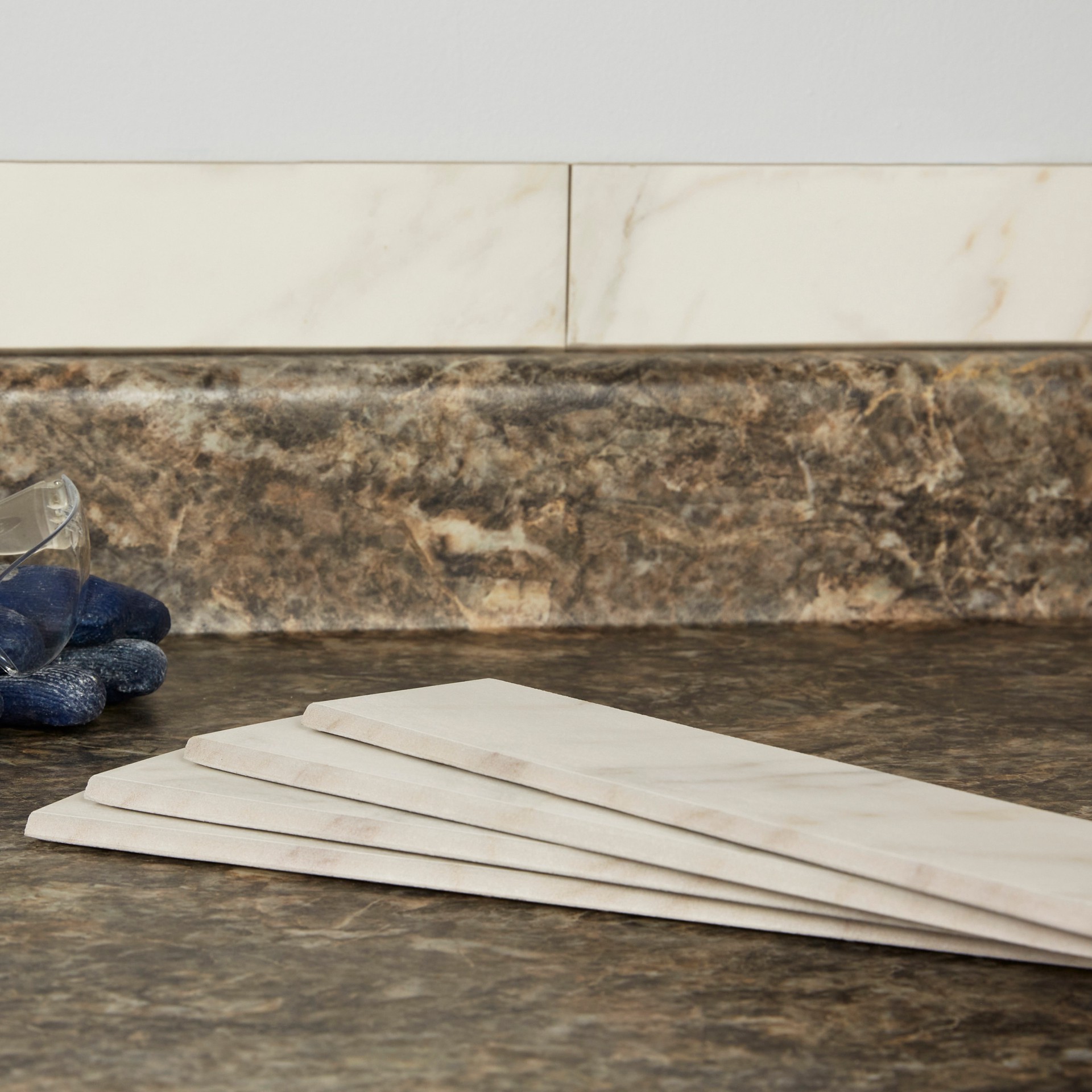 slide 5 of 6, allen + roth Arabescato Gold 3-in x 12-in Glazed Porcelain Bullnose Tile, 1 ct