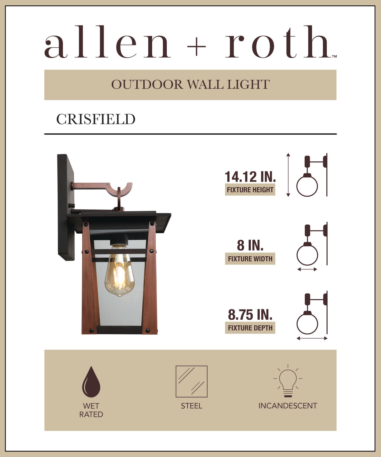 slide 3 of 6, allen + roth Crisfield 1 -Light 14.12-in H Antique Bronze Hardwired Outdoor Wall Light, 1 ct