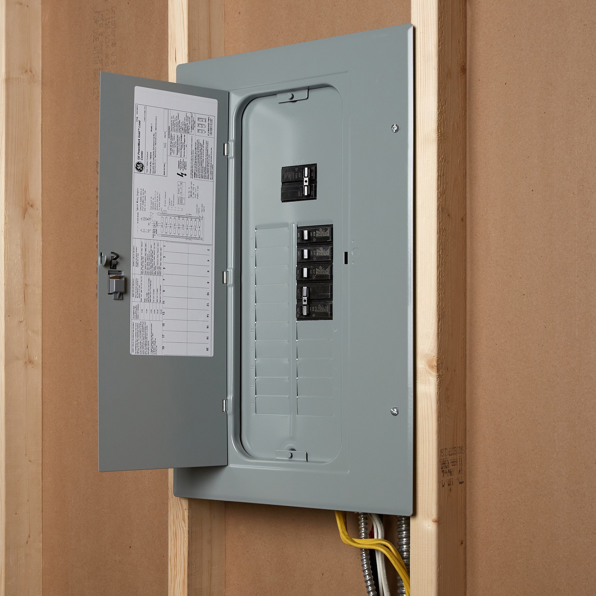 slide 3 of 6, GE PowerMark Gold 100 -Amp 20 -Spaces 20 -Circuit Indoor Main Breaker Load Center (Value Pack), 1 ct