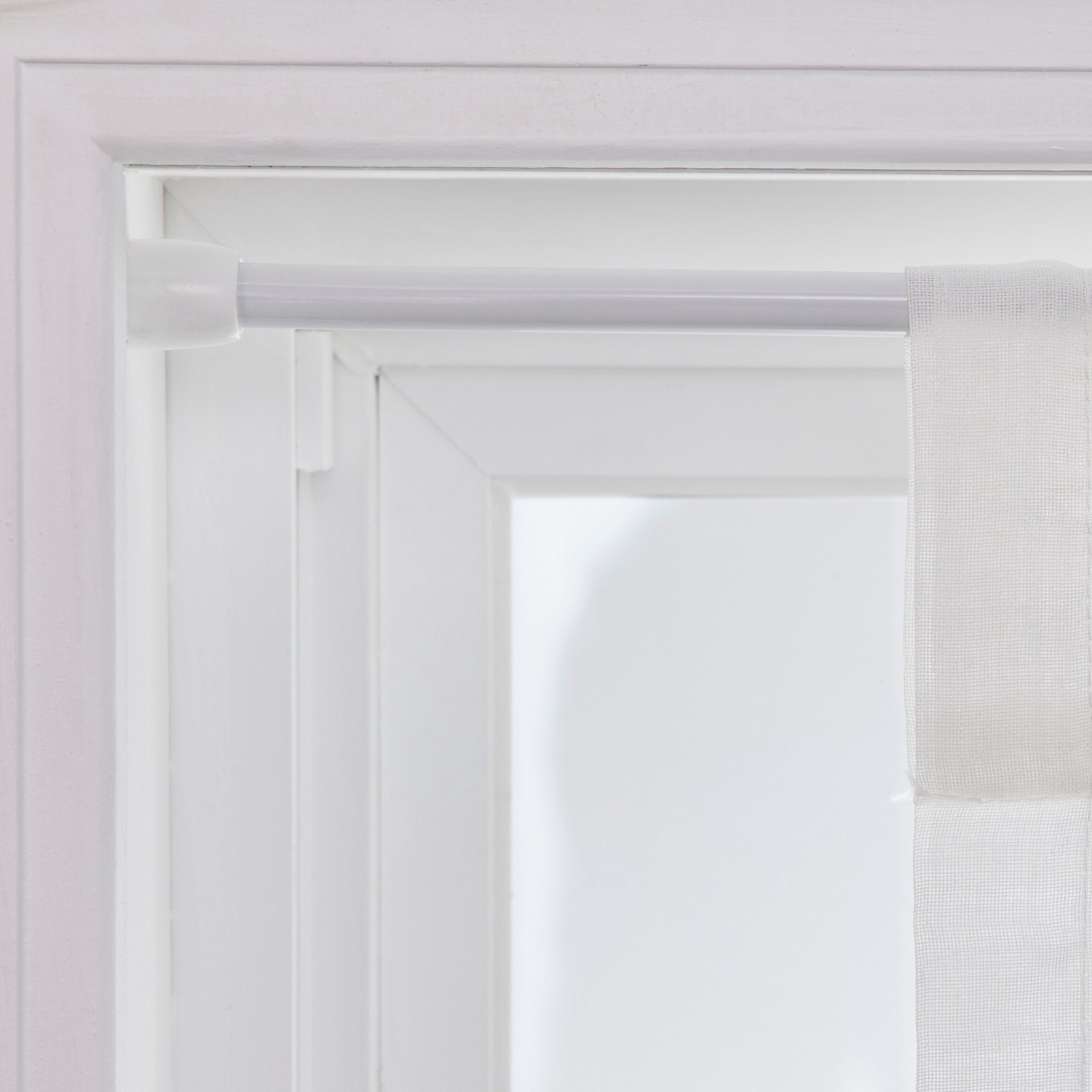 slide 5 of 6, Project Source 28-in to 48-in White Steel Tension Curtain Rod with Finials, 1 ct