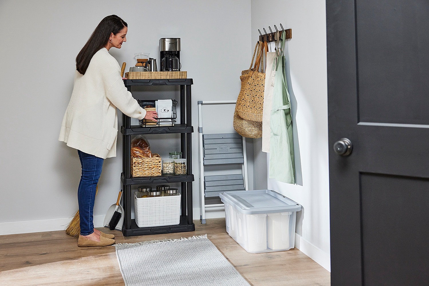 slide 4 of 6, Project Source 4 -Tier Black Plastic Utility shelving unit with Solid Shelves ( 22.0-in W x 14.25-in D x 48.0-in H ), 1 ct