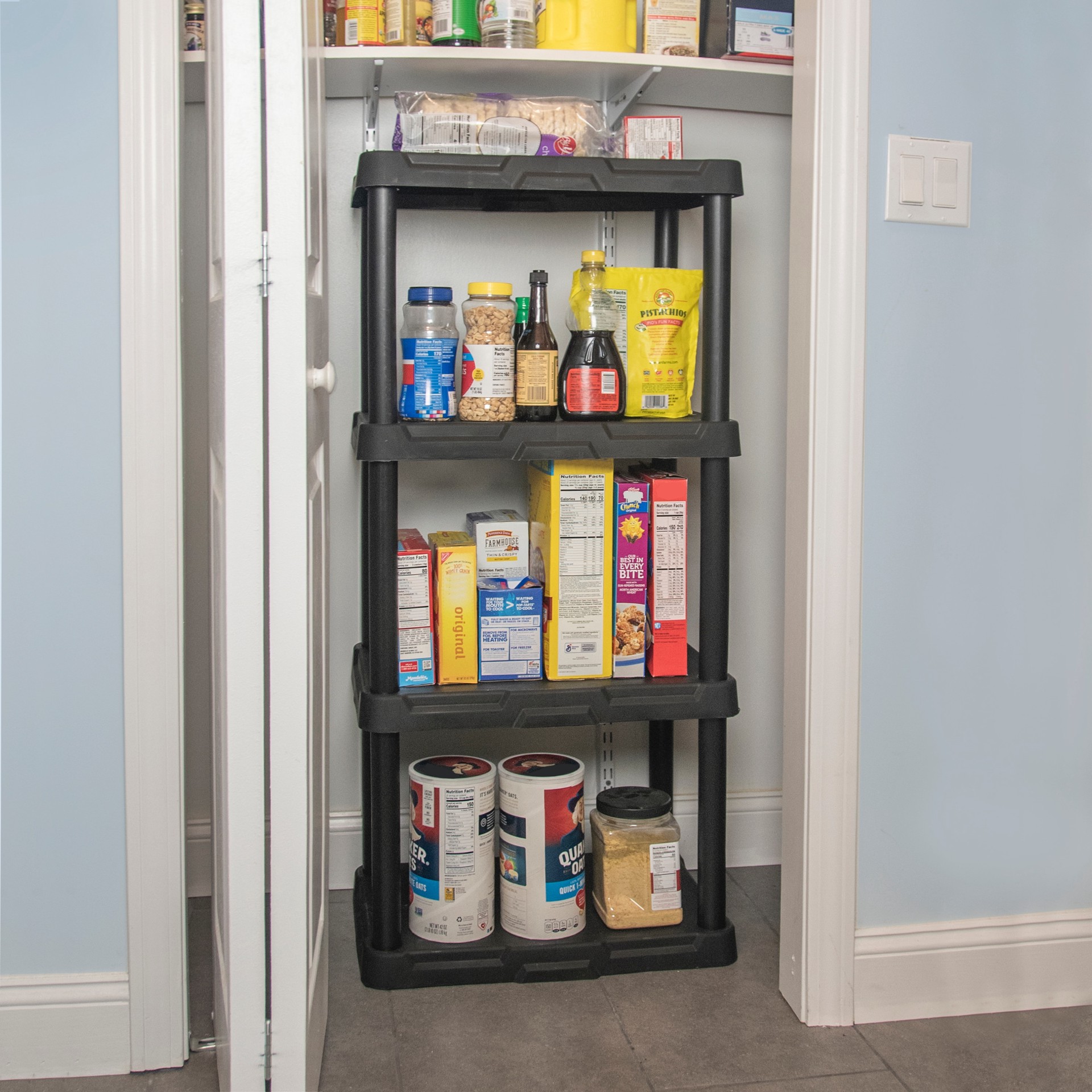 slide 6 of 6, Project Source 4 -Tier Black Plastic Utility shelving unit with Solid Shelves ( 22.0-in W x 14.25-in D x 48.0-in H ), 1 ct