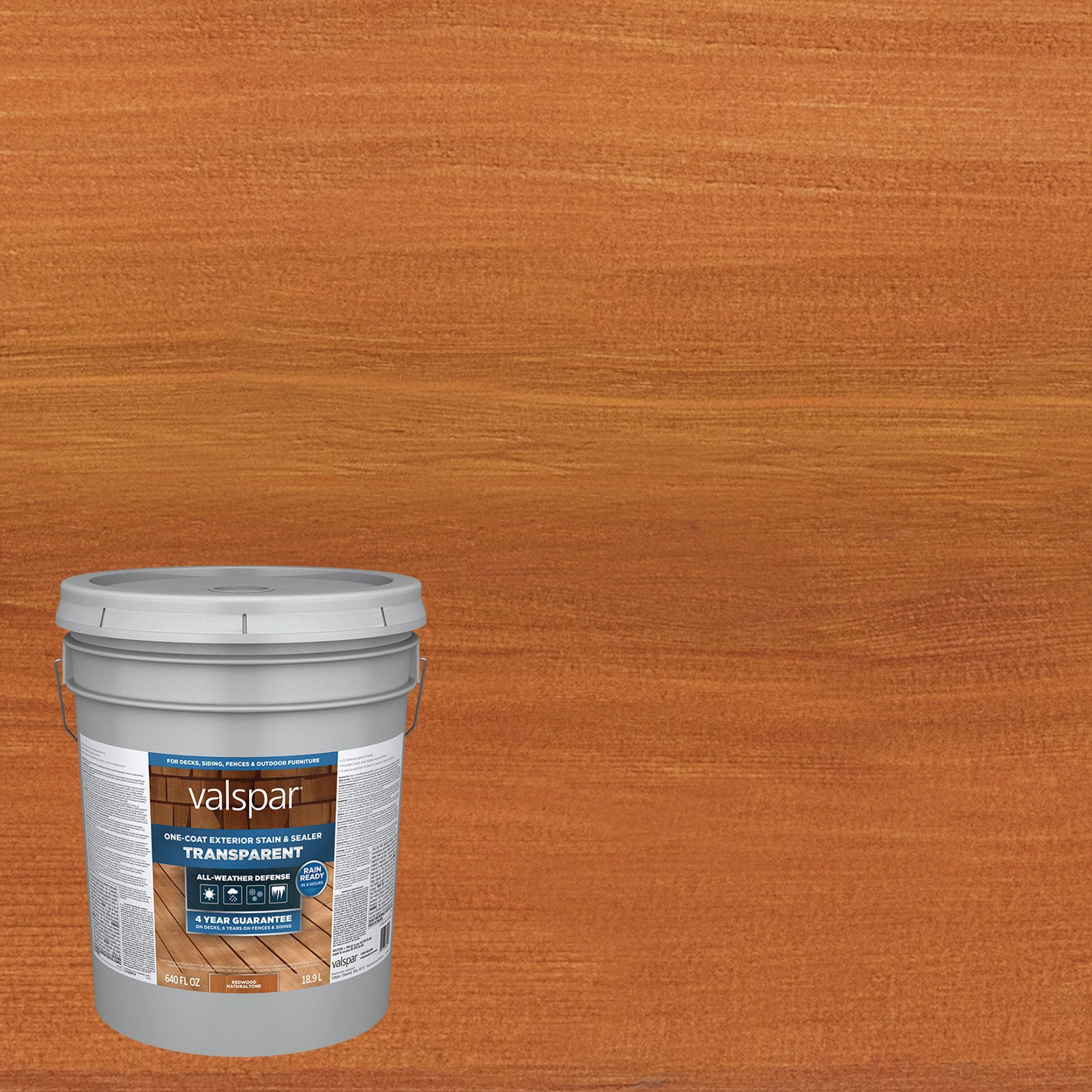 slide 1 of 6, Valspar Pre-Tinted Redwood Naturaltone Transparent Exterior Wood Stain and Sealer in One ( 5-gallon ), 1 ct