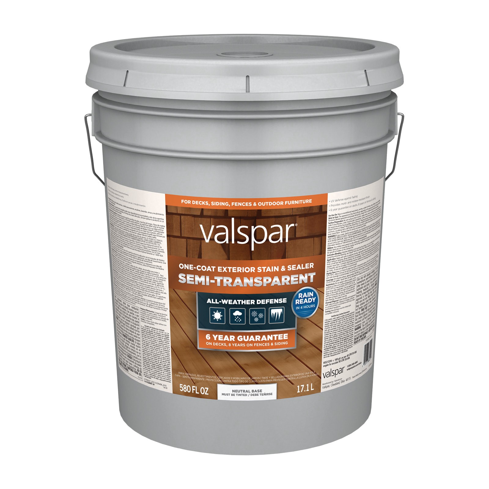 slide 1 of 1, Valspar Neutral Base Semi-transparent Exterior Wood Stain and Sealer (5-Gallon), 1 ct