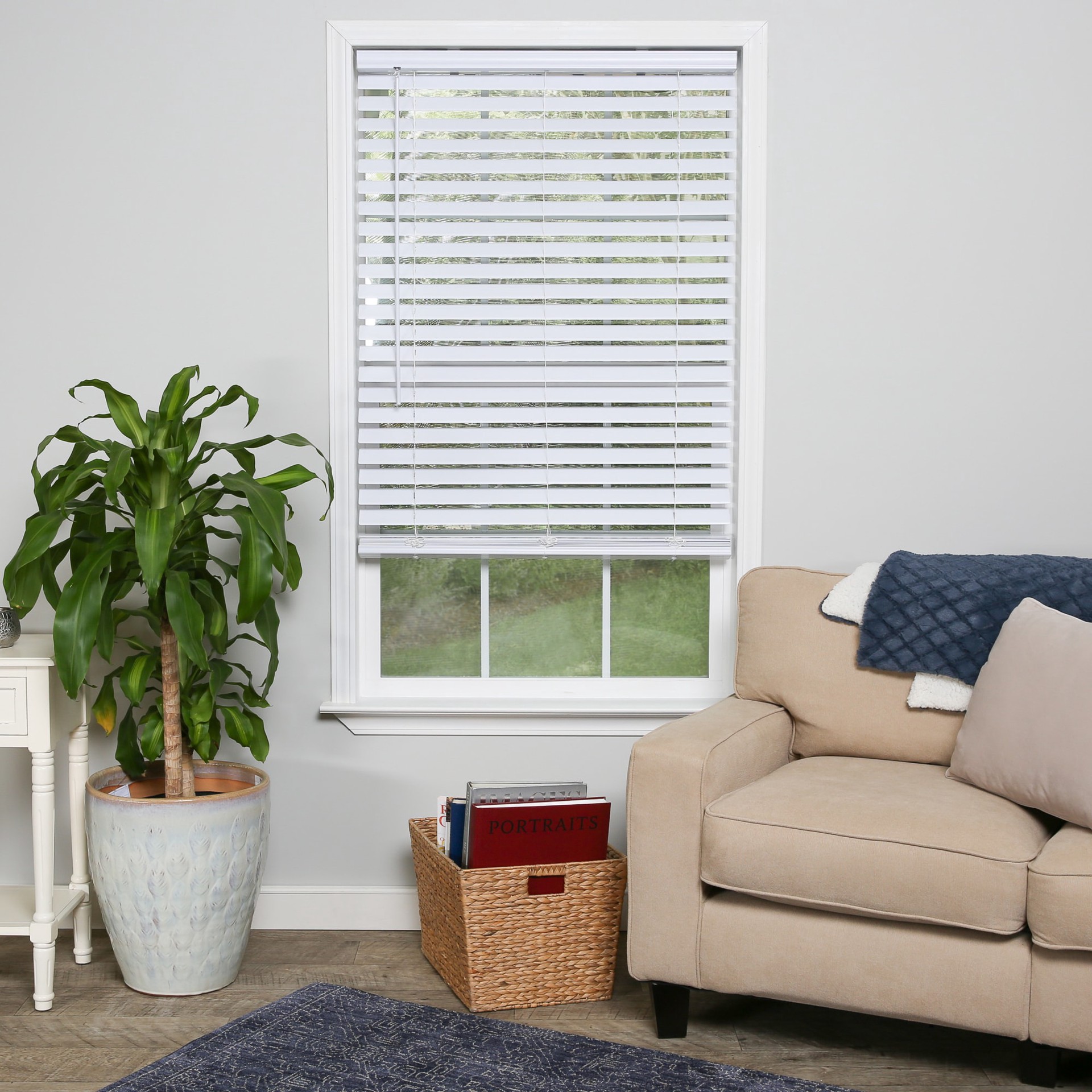 slide 3 of 6, Project Source Premium 2-in Slat Width 34-in x 64-in Cordless White Vinyl Room darkening Horizontal blinds, 1 ct