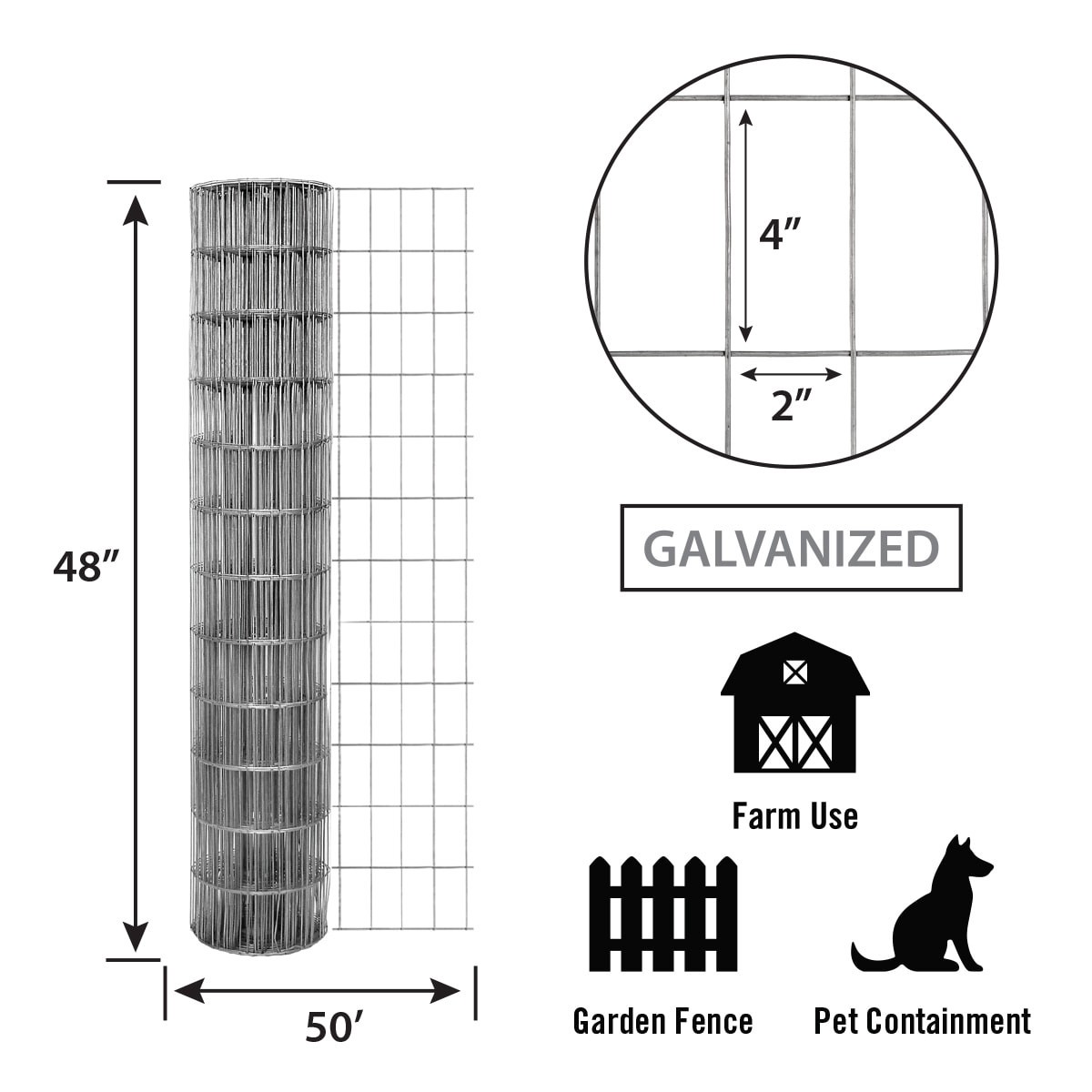 slide 2 of 6, IRONRIDGE 50-ft x 4-ft 14 -Gauge Gray Steel Welded Wire Rolled Fencing 2-in x 4-in - Mesh Size, 1 ct