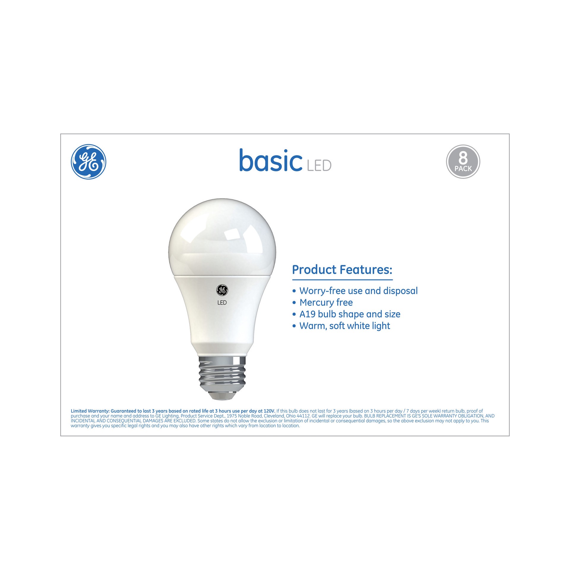 slide 4 of 6, GE Basic 60 -Watt EQ A19 Soft white Medium base (E-26) LED General purpose Light Bulb 8 -Pack, 1 ct