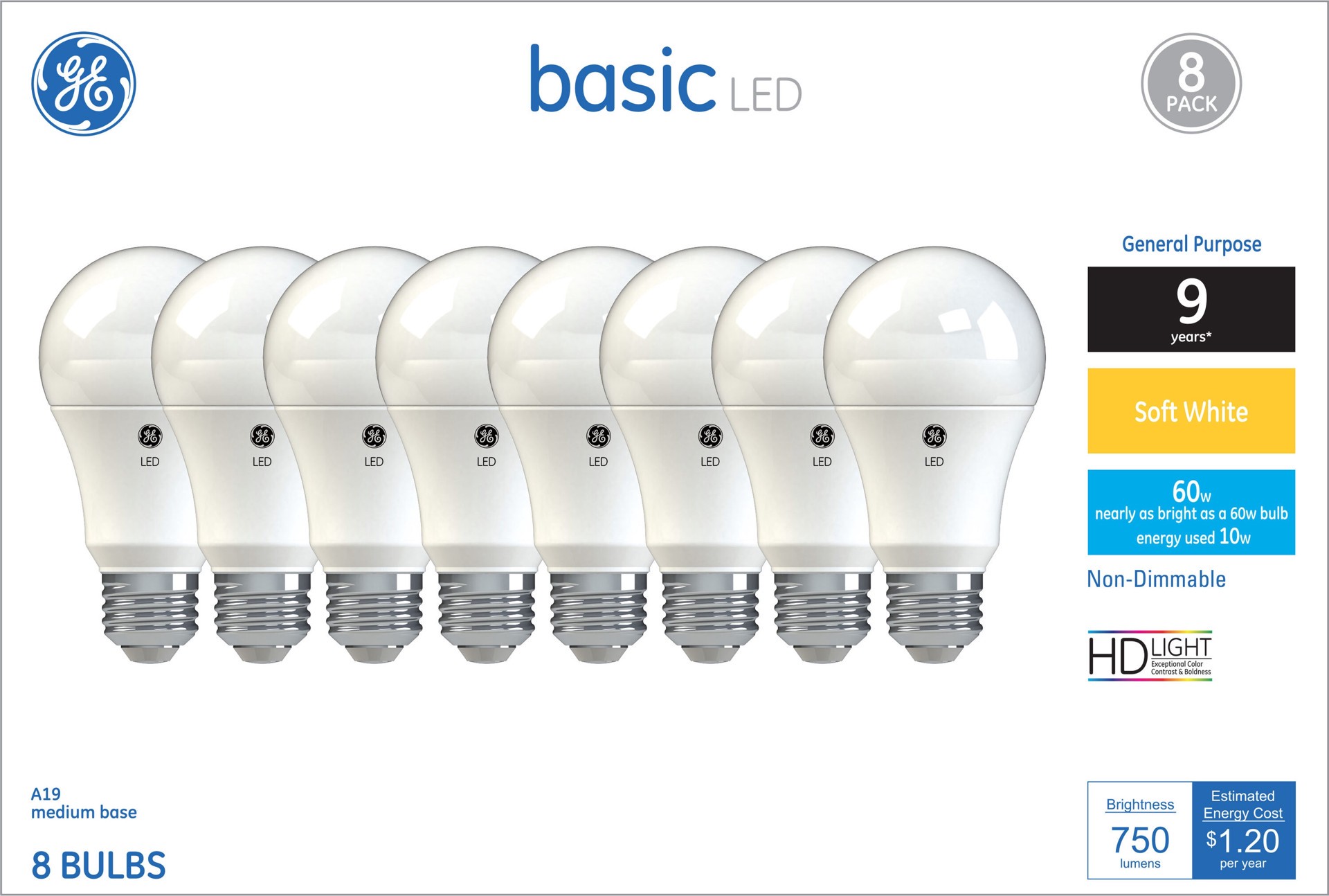 slide 1 of 6, GE Basic 60 -Watt EQ A19 Soft white Medium base (E-26) LED General purpose Light Bulb 8 -Pack, 1 ct