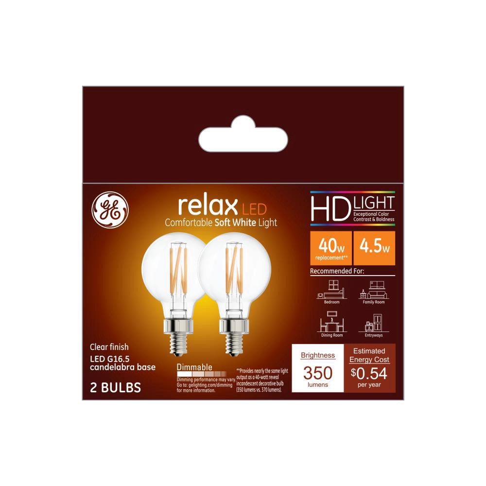 slide 1 of 3, GE Relax 40-Watt EQ G16.5 Soft White Candelabra Base (E-12) Dimmable LED Light Bulb (2-Pack), 1 ct