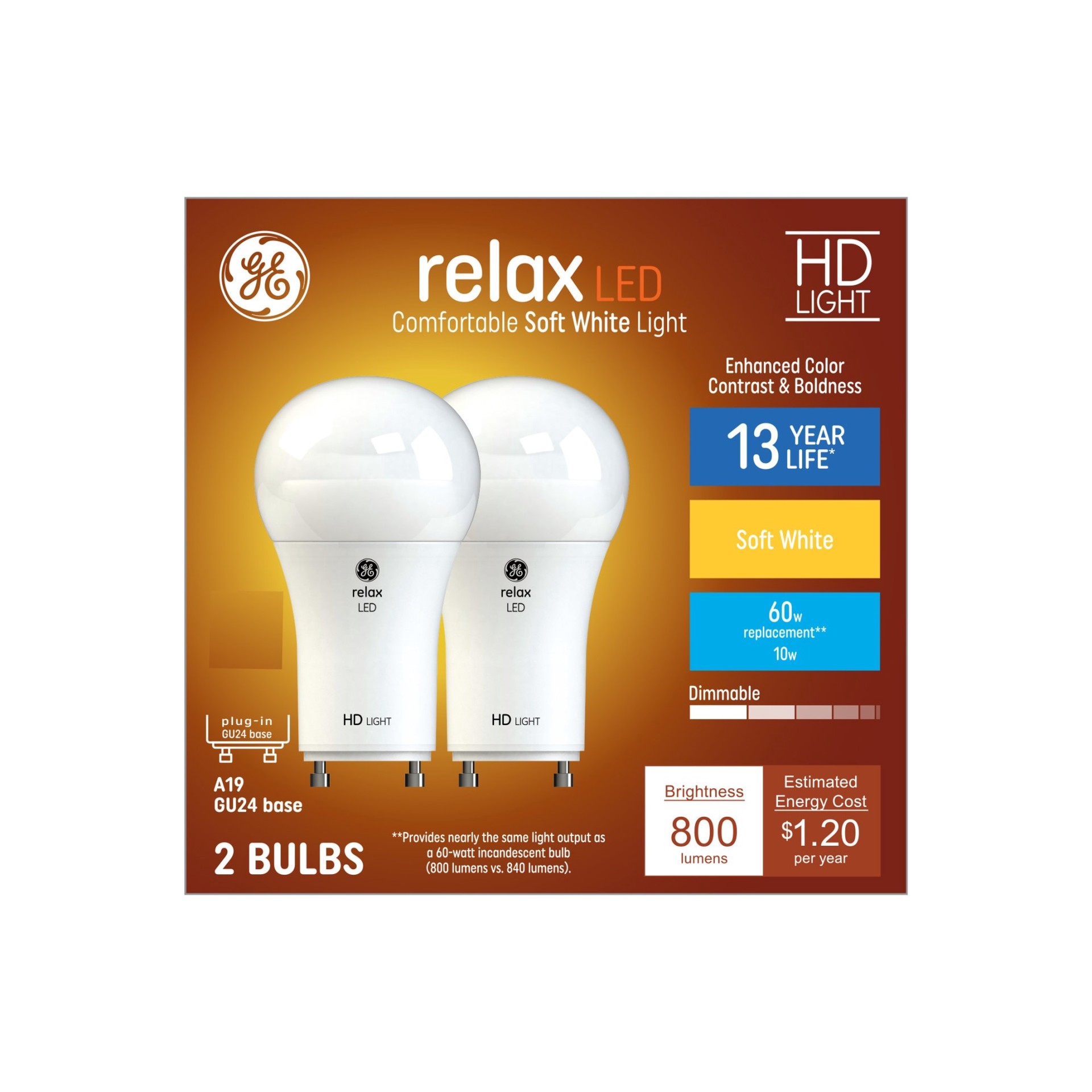 slide 4 of 6, GE Relax HD 60 -Watt EQ A19 Soft white GU24 pin base Dimmable LED General purpose Light Bulb 2 -Pack, 1 ct