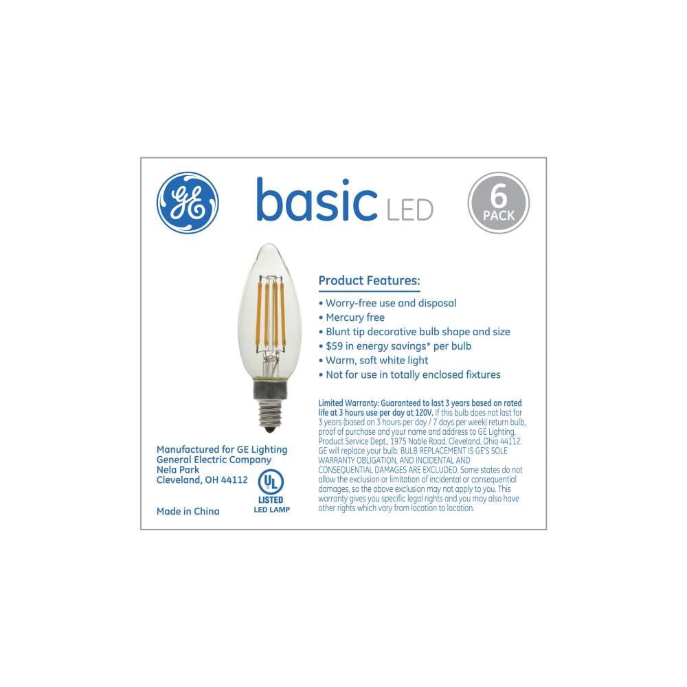 slide 4 of 6, GE 60 -Watt EQ B12 Soft white Candelabra base (E-12) Dimmable LED Decorative Light Bulb 6 -Pack, 1 ct