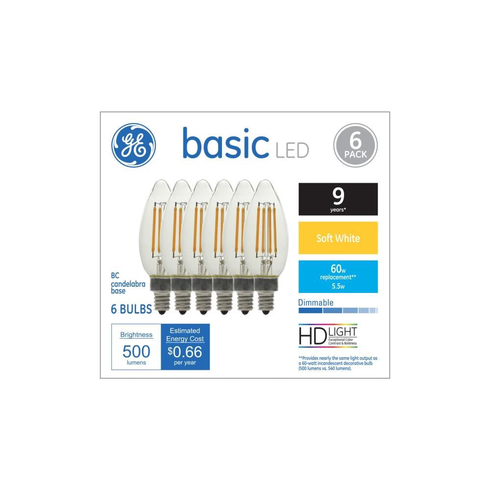 slide 1 of 6, GE 60 -Watt EQ B12 Soft white Candelabra base (E-12) Dimmable LED Decorative Light Bulb 6 -Pack, 1 ct
