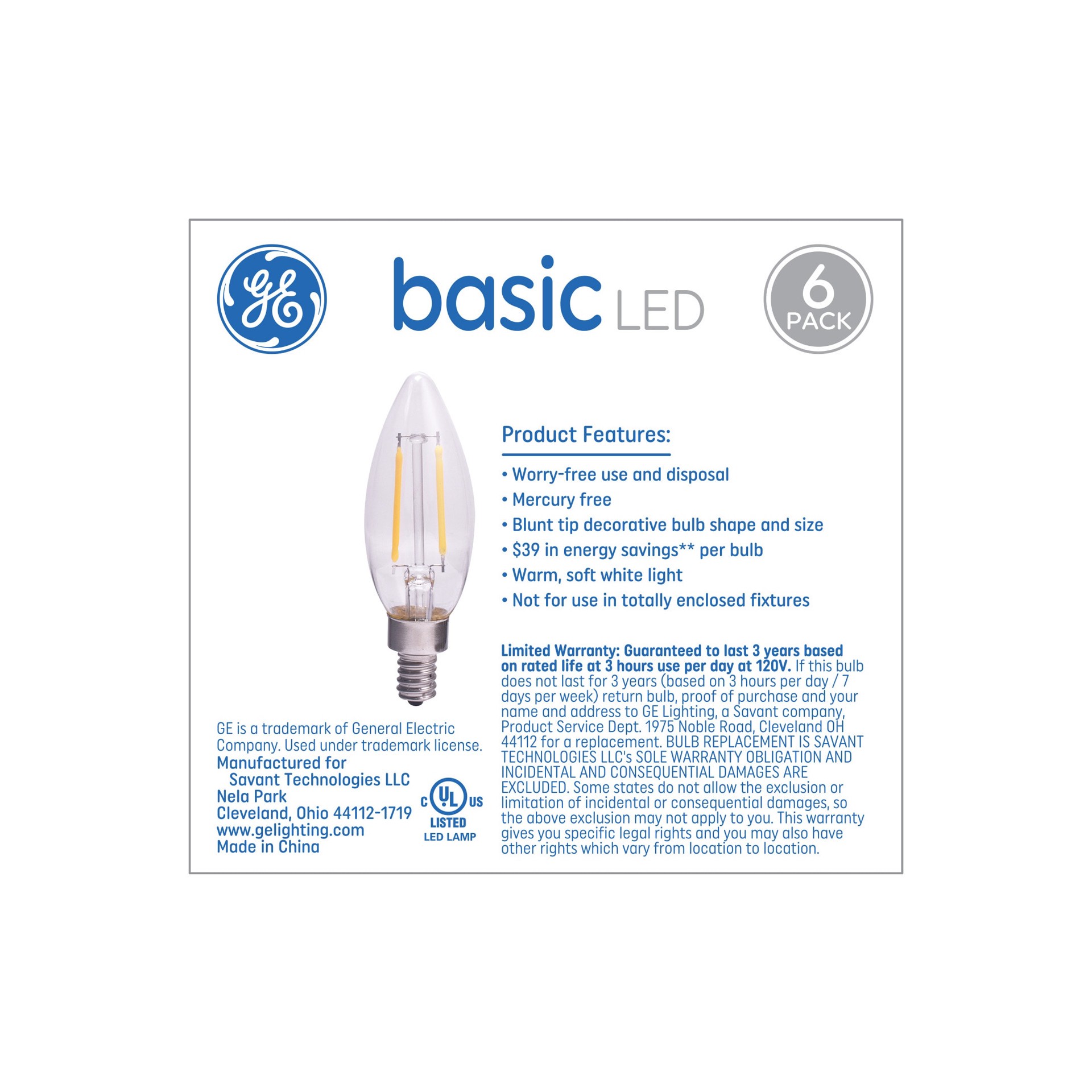 slide 4 of 6, GE Basic 40 -Watt EQ B11 Soft white Candelabra base (E-12) Dimmable LED Decorative Light Bulb 6 -Pack, 1 ct