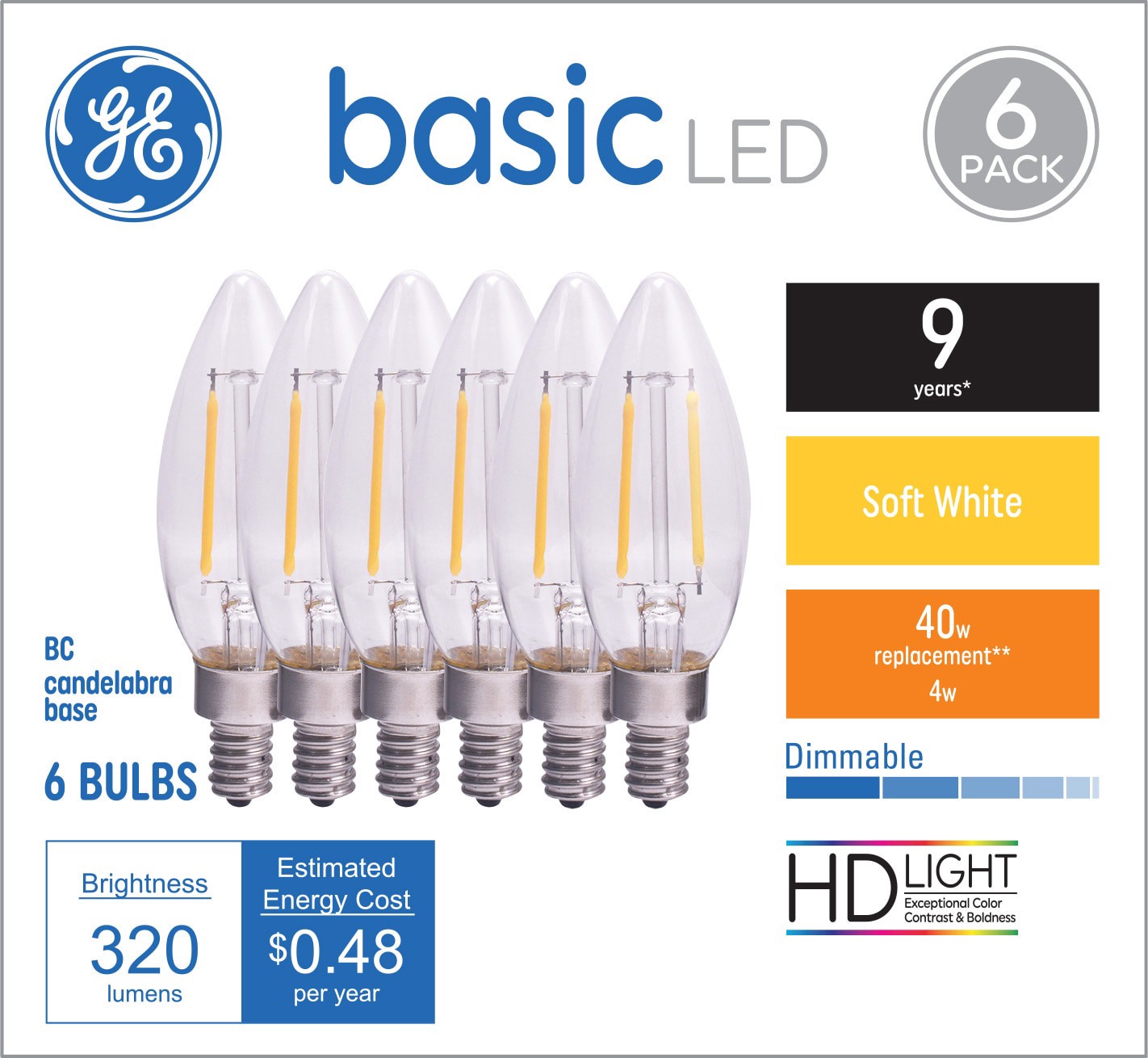 slide 1 of 6, GE Basic 40 -Watt EQ B11 Soft white Candelabra base (E-12) Dimmable LED Decorative Light Bulb 6 -Pack, 1 ct