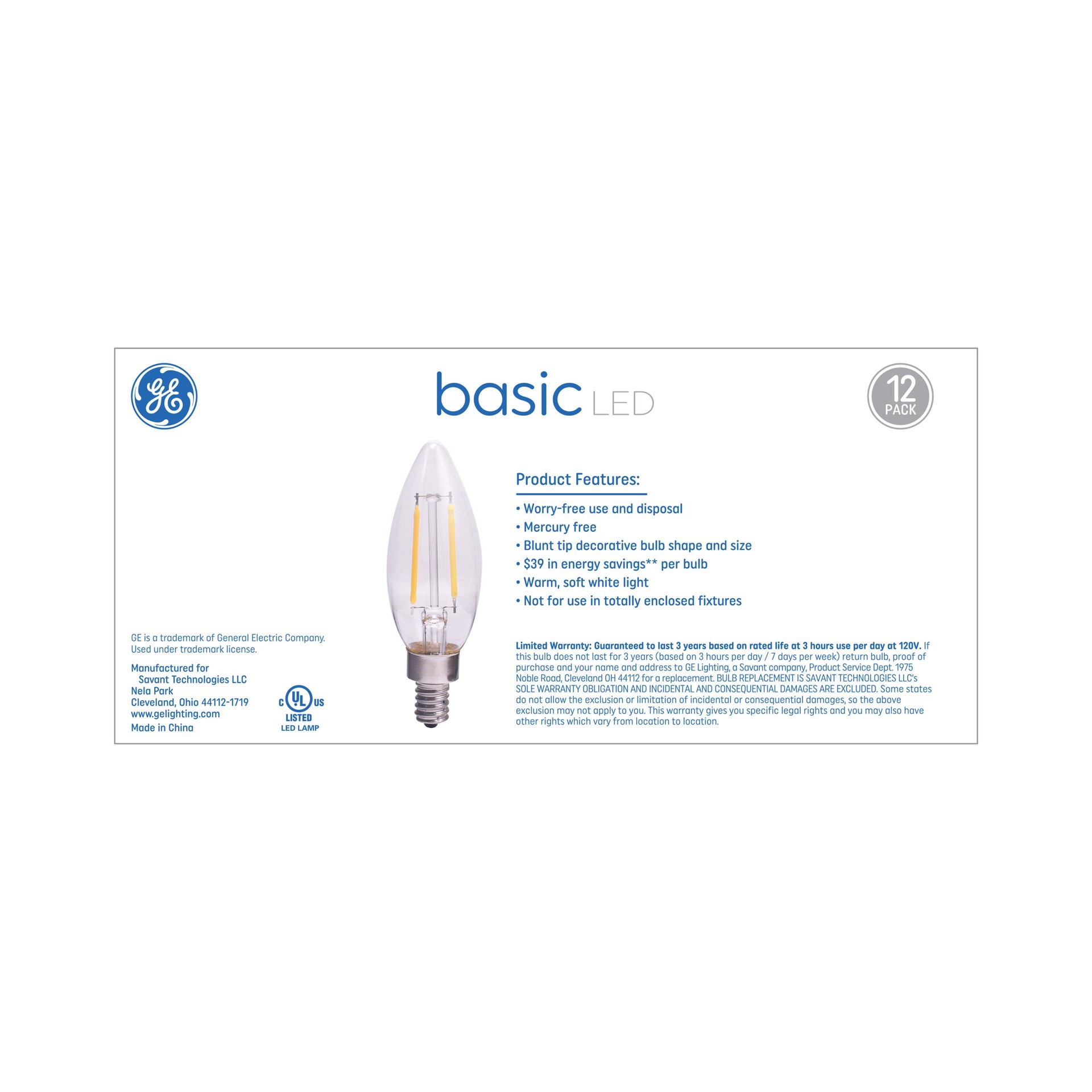 slide 3 of 6, GE Basic 40 -Watt EQ B11 Soft white Dimmable LED Decorative Light Bulb 12 -Pack, 1 ct